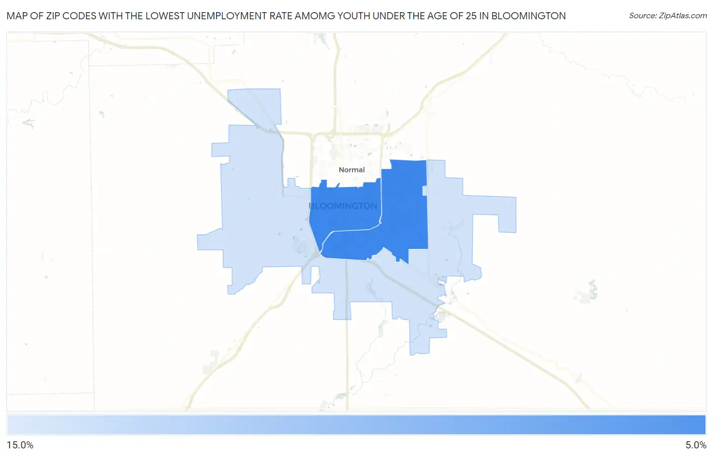 Zip Codes with the Lowest Unemployment Rate Amomg Youth Under the Age of 25 in Bloomington Map