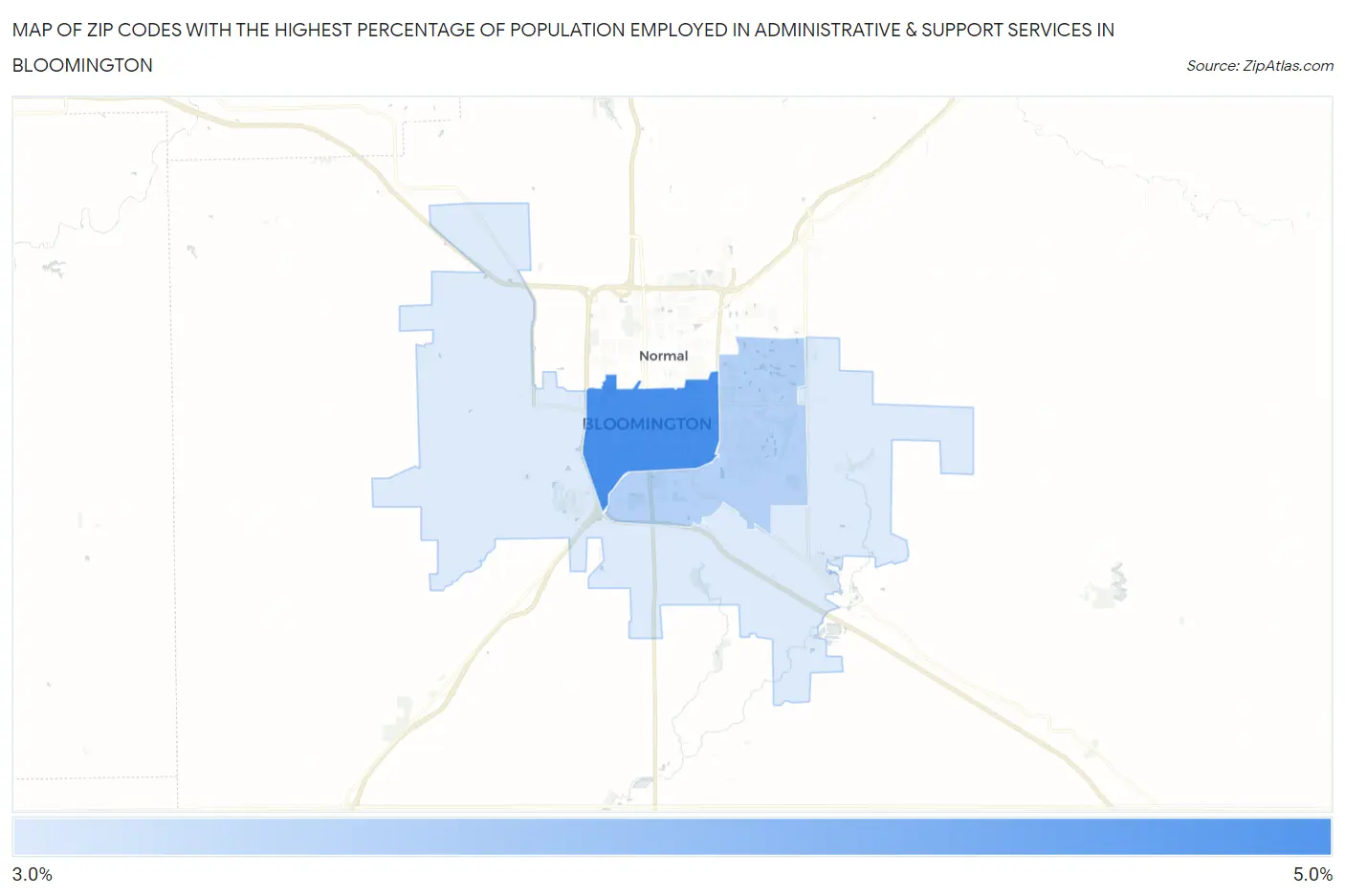 Zip Codes with the Highest Percentage of Population Employed in Administrative & Support Services in Bloomington Map