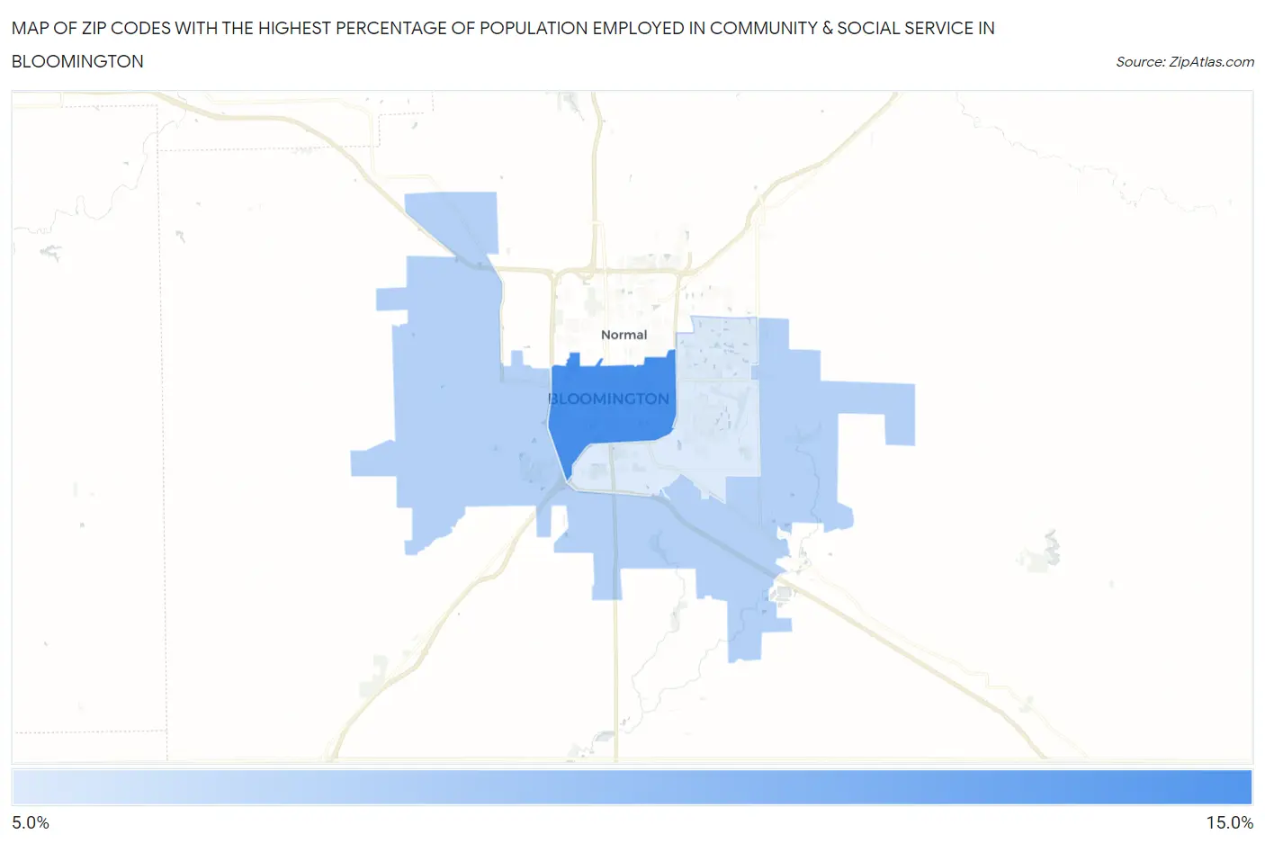 Zip Codes with the Highest Percentage of Population Employed in Community & Social Service  in Bloomington Map