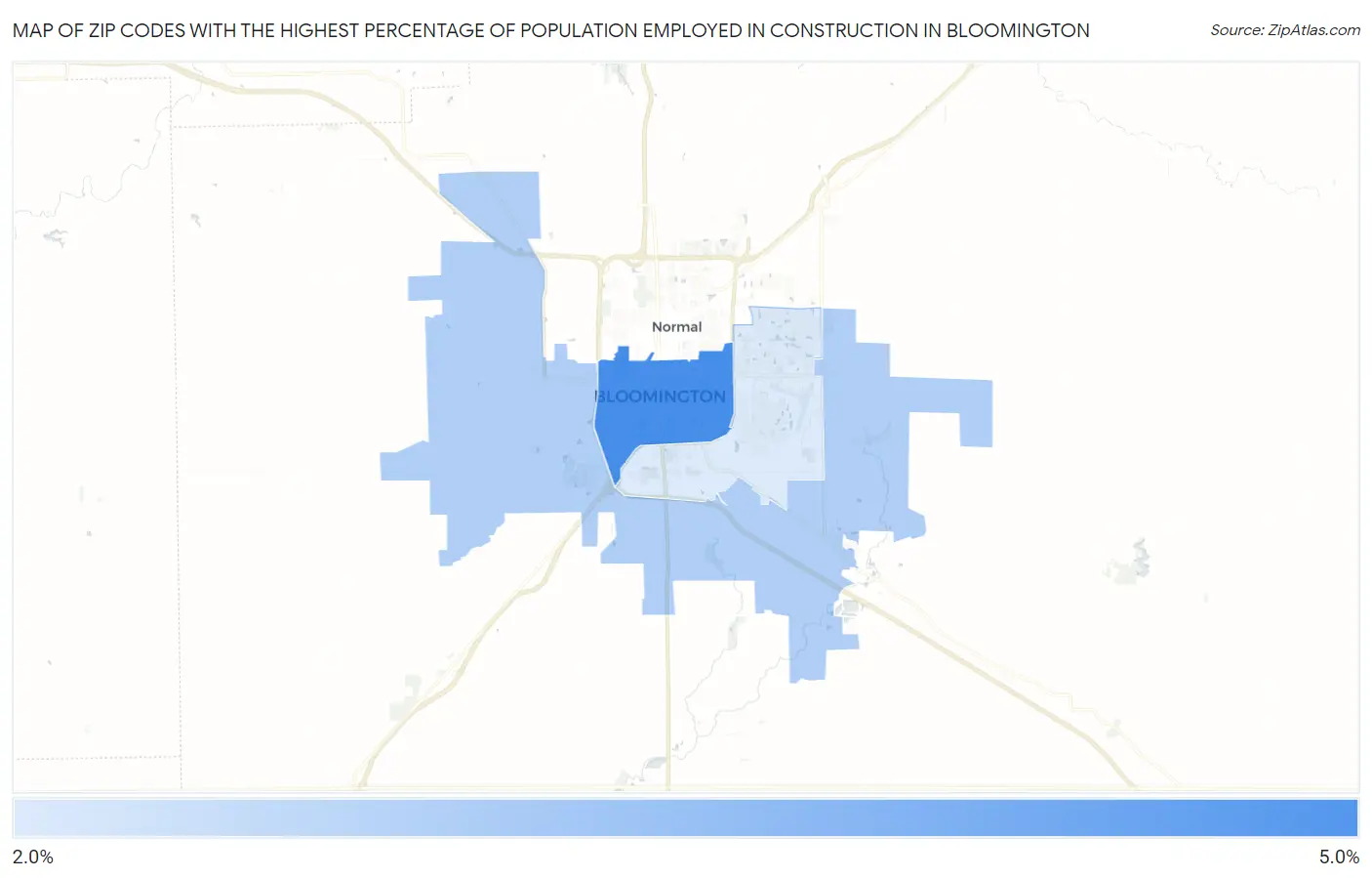 Zip Codes with the Highest Percentage of Population Employed in Construction in Bloomington Map