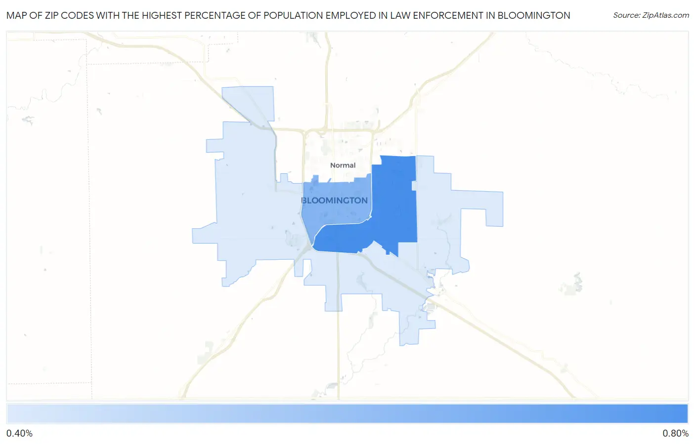 Zip Codes with the Highest Percentage of Population Employed in Law Enforcement in Bloomington Map