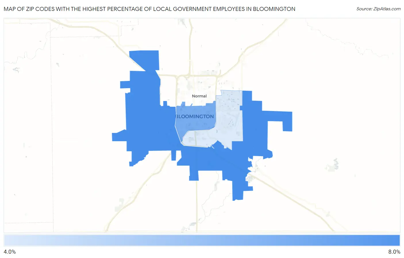 Zip Codes with the Highest Percentage of Local Government Employees in Bloomington Map
