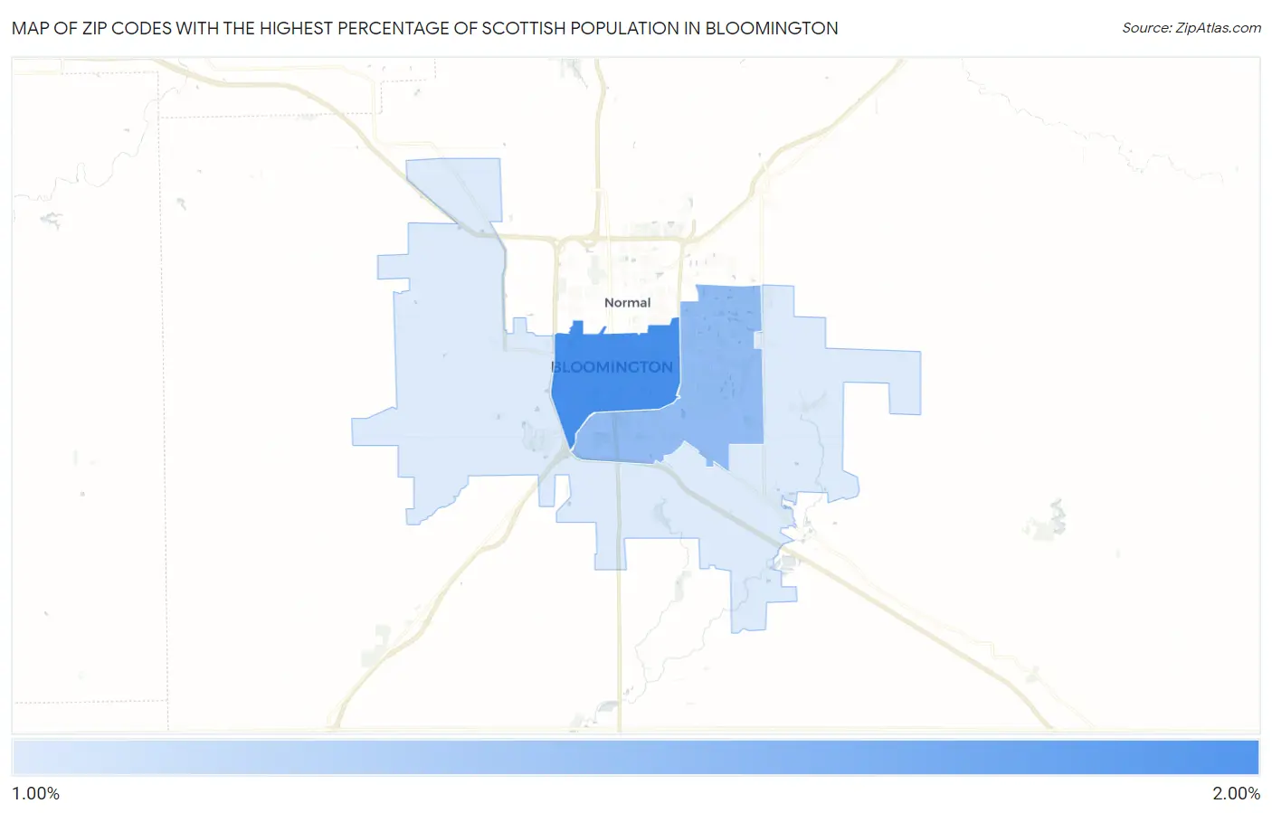 Zip Codes with the Highest Percentage of Scottish Population in Bloomington Map