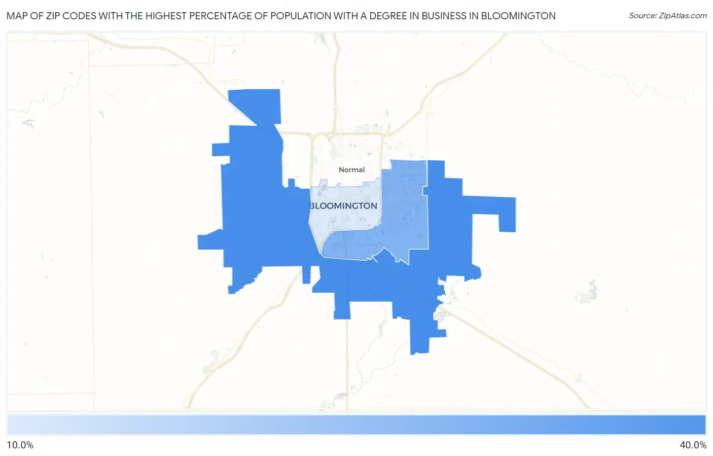 Zip Codes with the Highest Percentage of Population with a Degree in Business in Bloomington Map