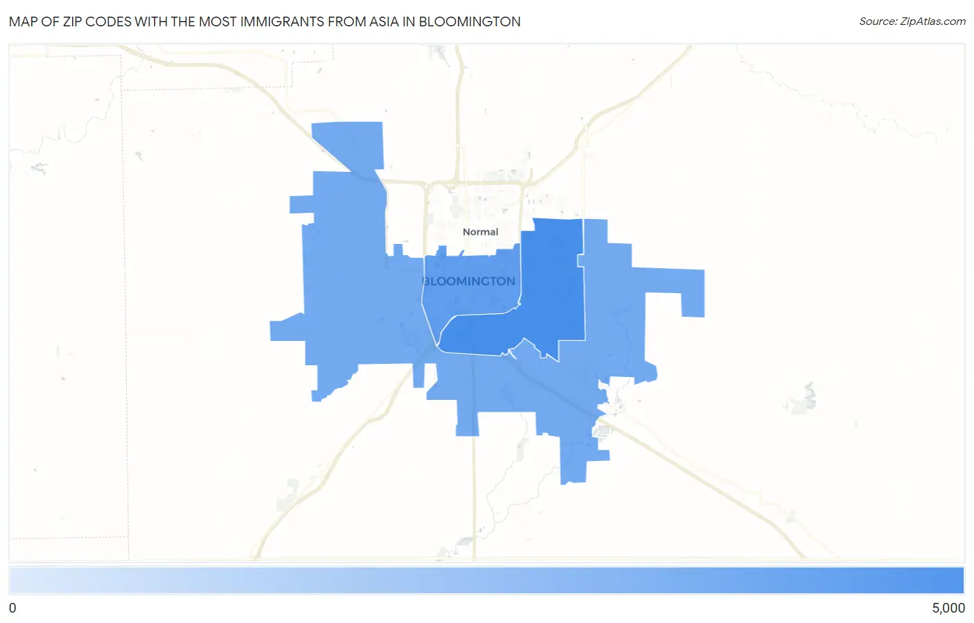 Zip Codes with the Most Immigrants from Asia in Bloomington Map