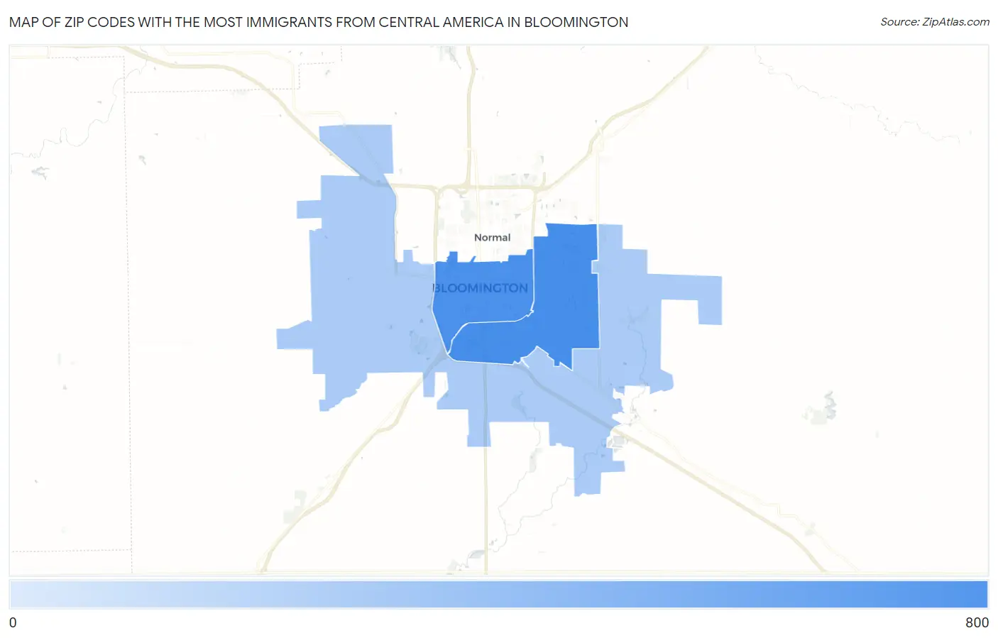 Zip Codes with the Most Immigrants from Central America in Bloomington Map