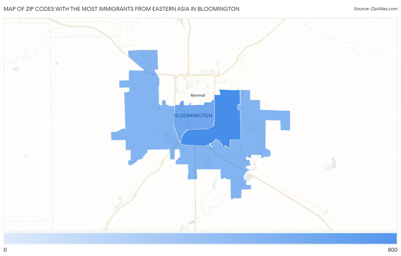Zip Codes with the Most Immigrants from Eastern Asia in Bloomington Map