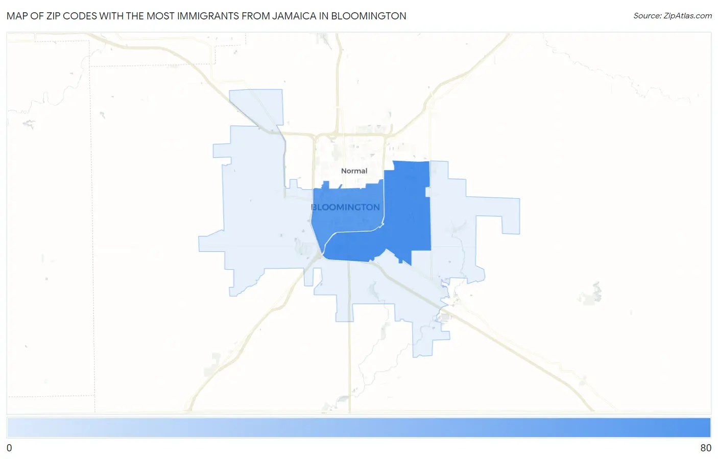 Zip Codes with the Most Immigrants from Jamaica in Bloomington Map