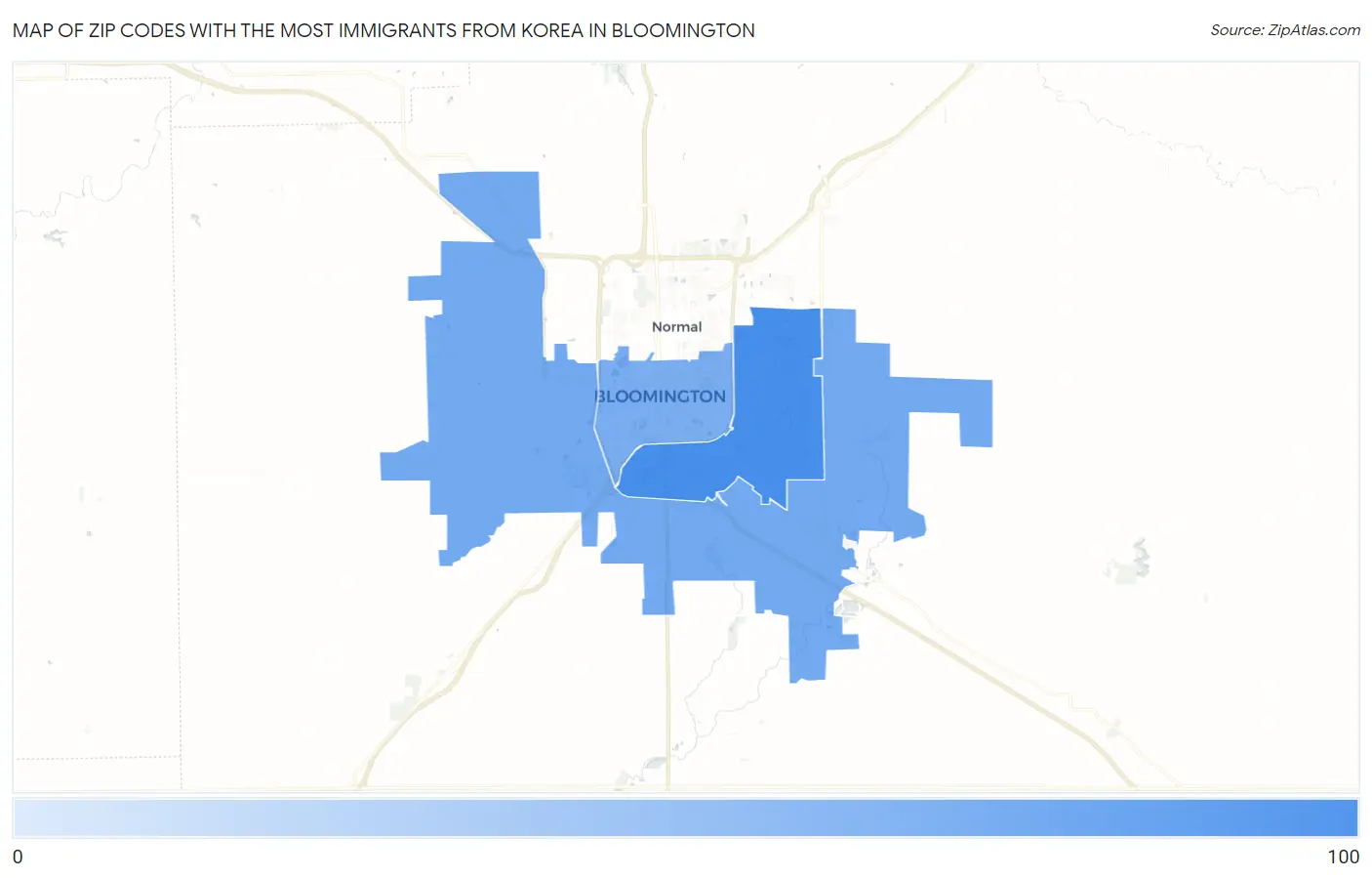 Zip Codes with the Most Immigrants from Korea in Bloomington Map