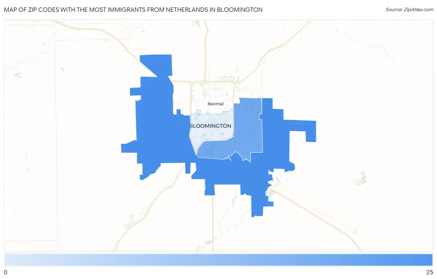 Zip Codes with the Most Immigrants from Netherlands in Bloomington Map
