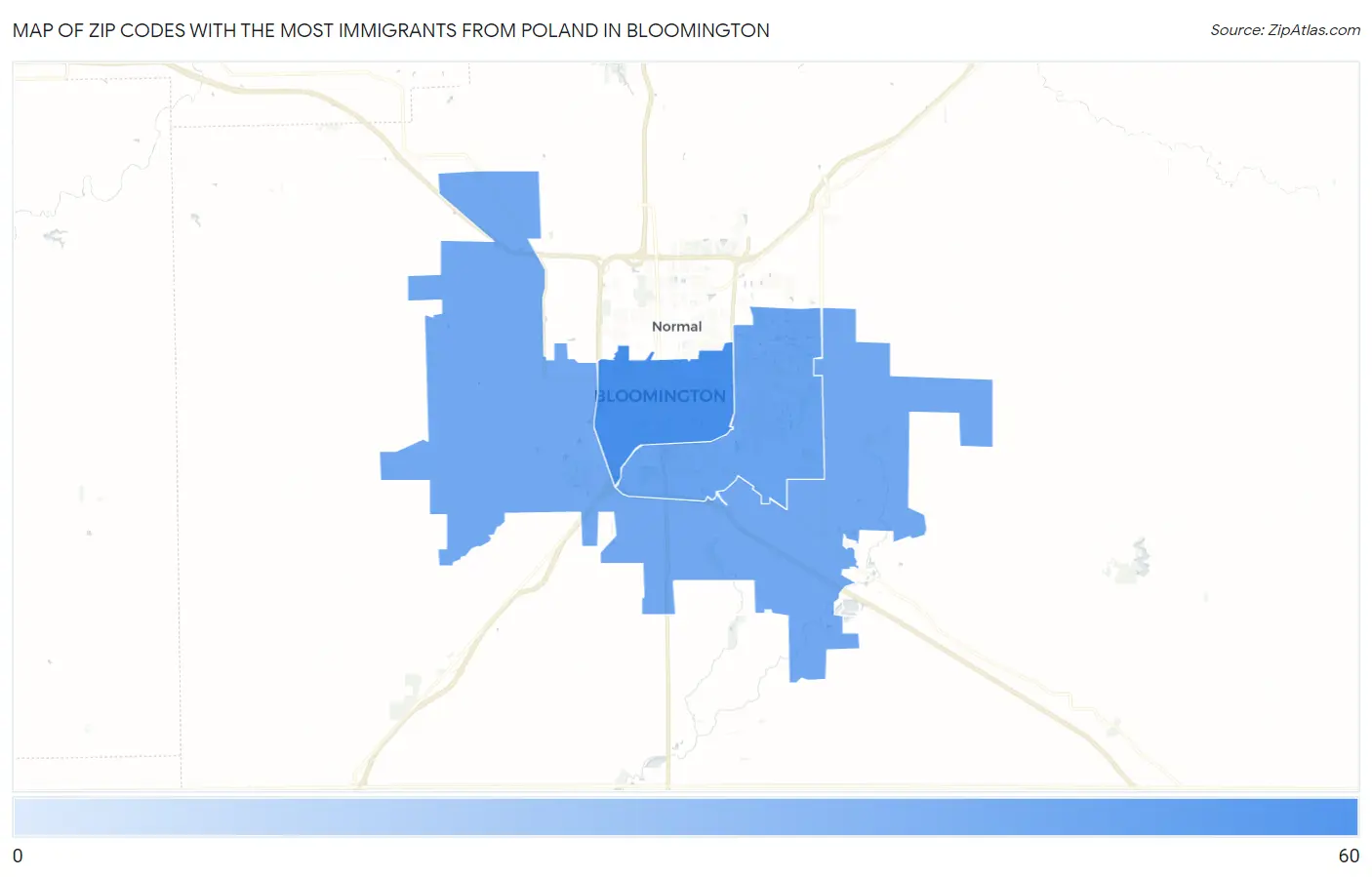 Zip Codes with the Most Immigrants from Poland in Bloomington Map