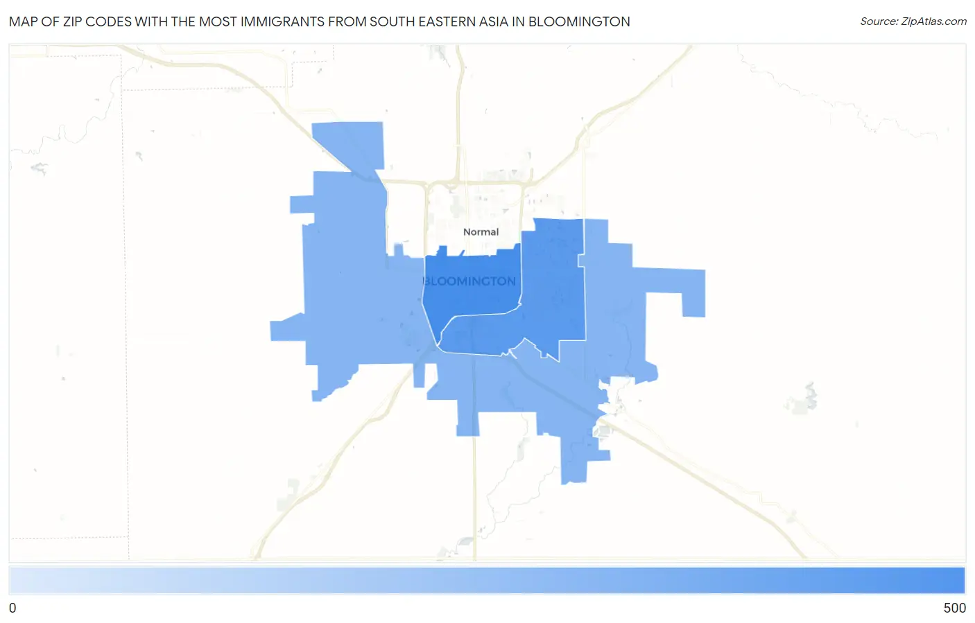 Zip Codes with the Most Immigrants from South Eastern Asia in Bloomington Map