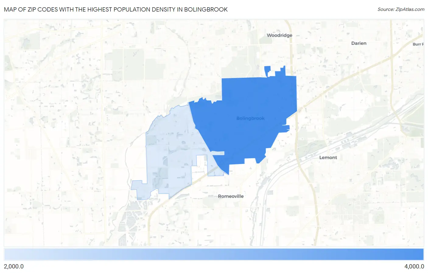 Zip Codes with the Highest Population Density in Bolingbrook Map