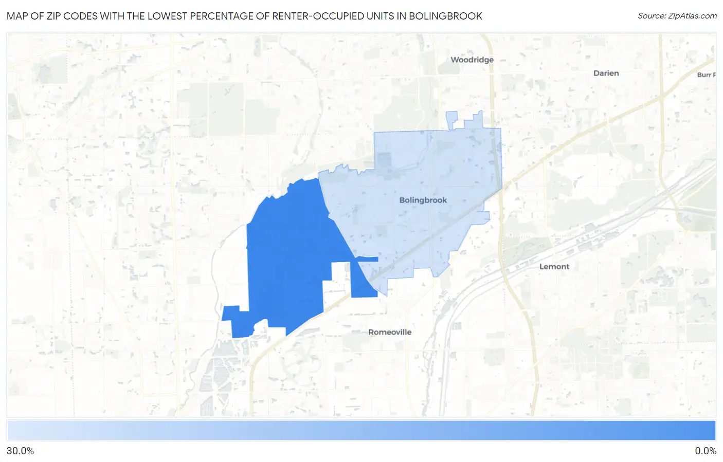 Zip Codes with the Lowest Percentage of Renter-Occupied Units in Bolingbrook Map