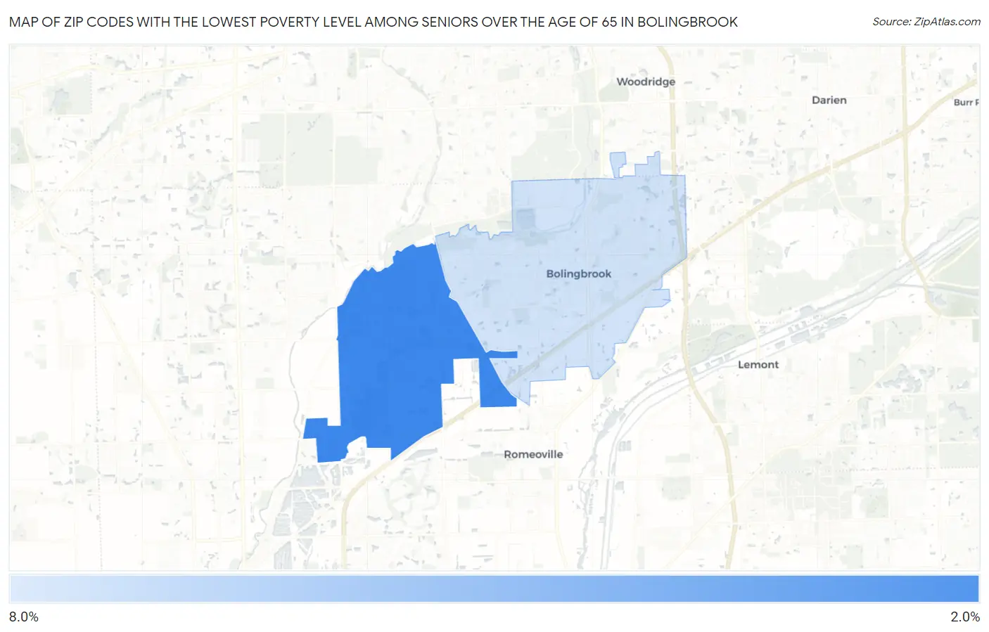 Zip Codes with the Lowest Poverty Level Among Seniors Over the Age of 65 in Bolingbrook Map