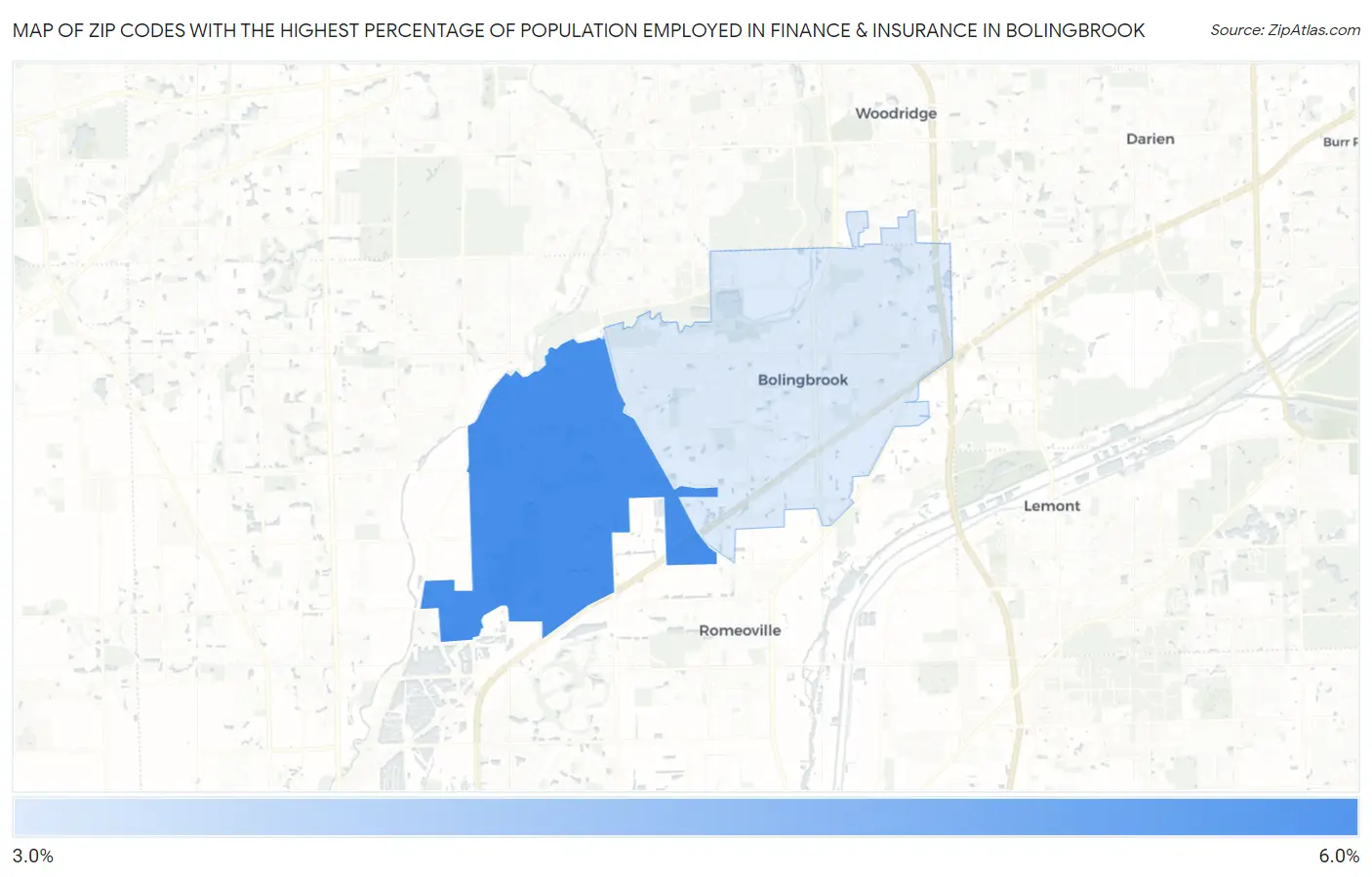 Zip Codes with the Highest Percentage of Population Employed in Finance & Insurance in Bolingbrook Map