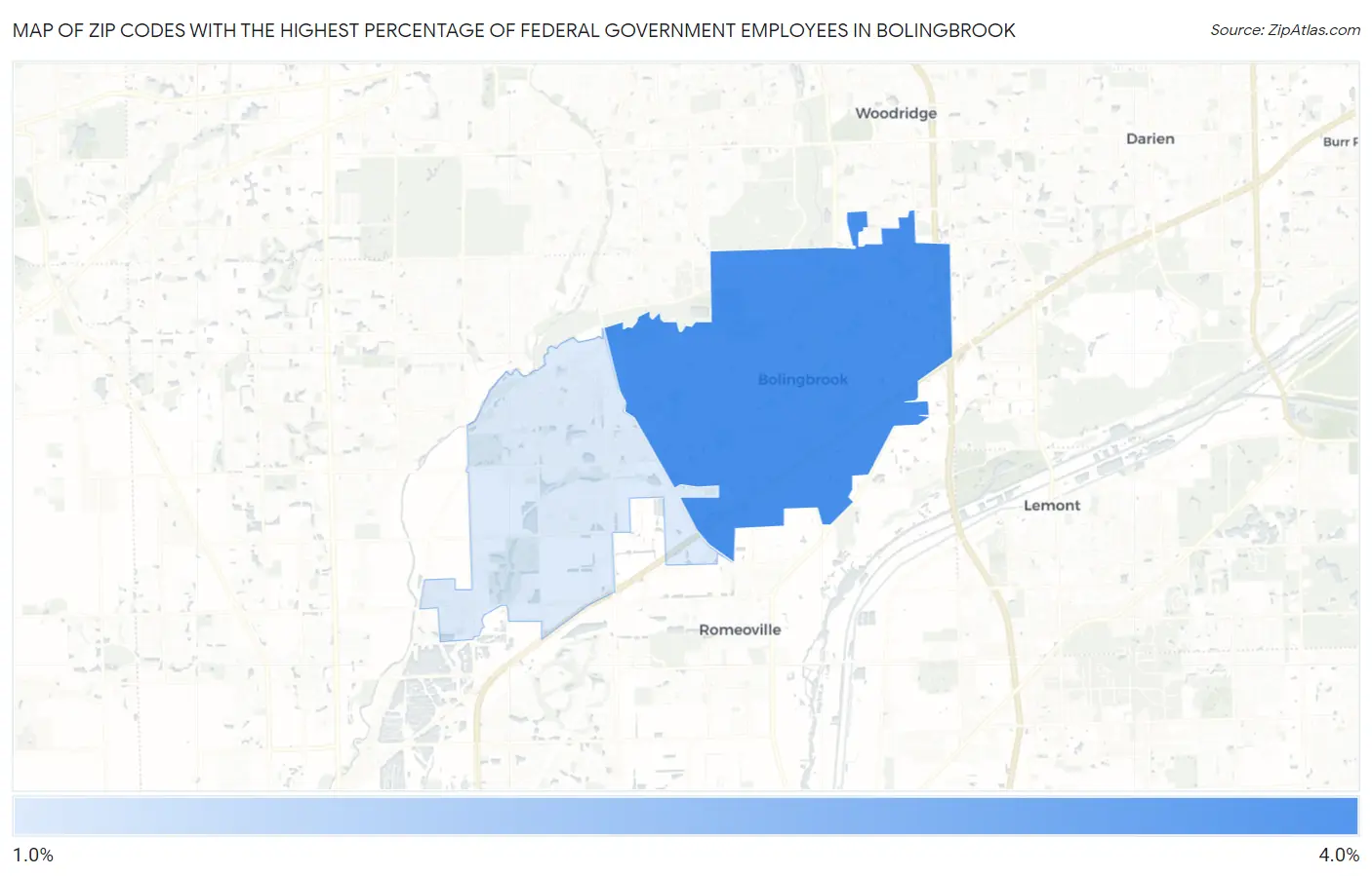 Zip Codes with the Highest Percentage of Federal Government Employees in Bolingbrook Map