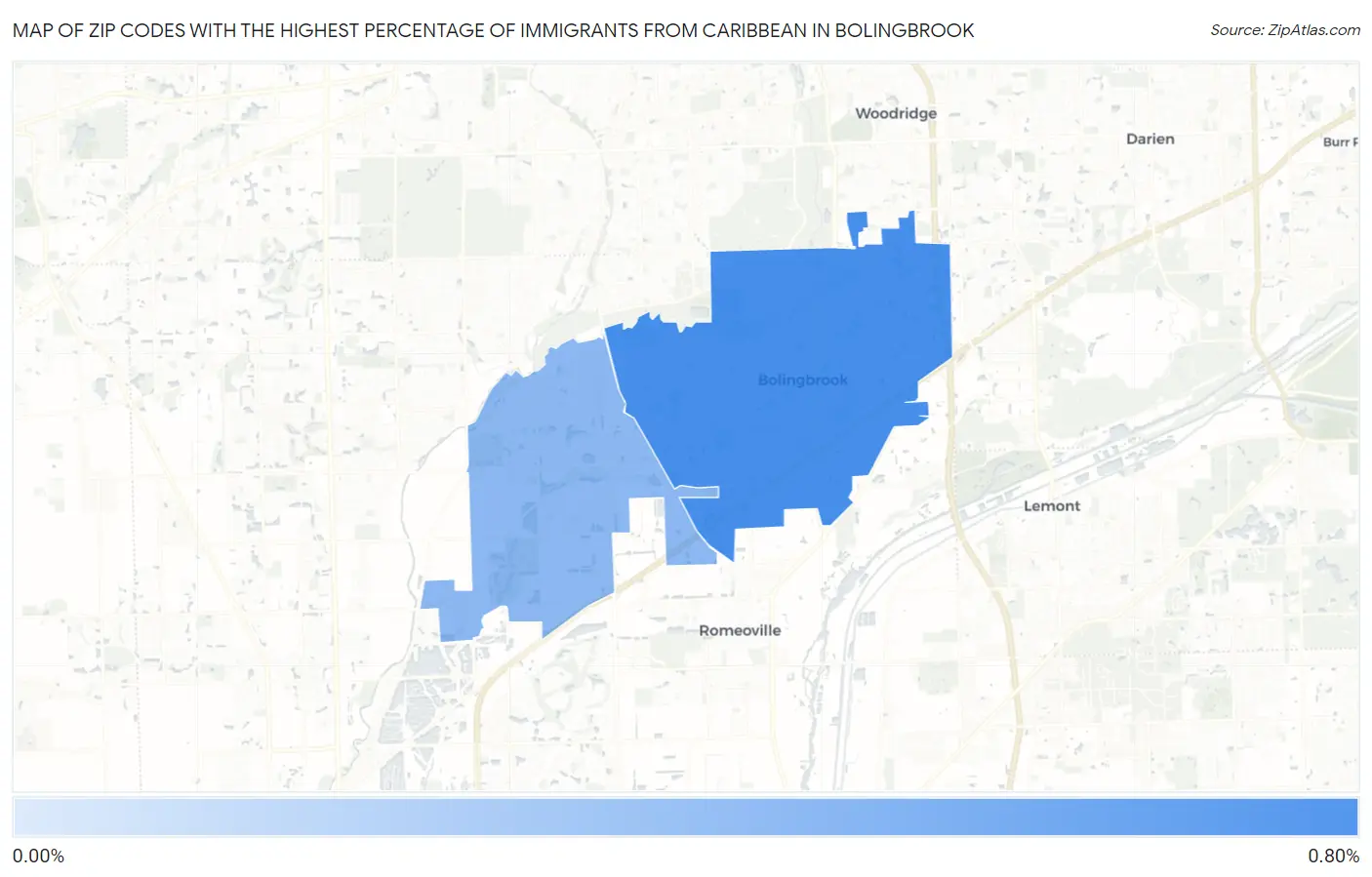 Zip Codes with the Highest Percentage of Immigrants from Caribbean in Bolingbrook Map