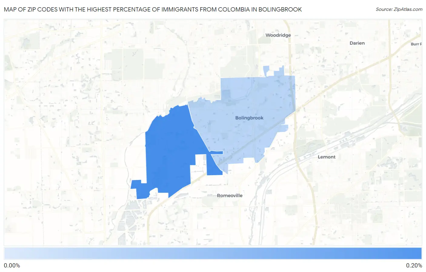 Zip Codes with the Highest Percentage of Immigrants from Colombia in Bolingbrook Map