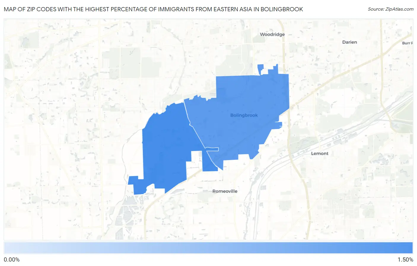 Zip Codes with the Highest Percentage of Immigrants from Eastern Asia in Bolingbrook Map