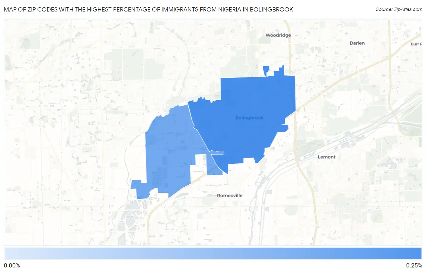 Zip Codes with the Highest Percentage of Immigrants from Nigeria in Bolingbrook Map