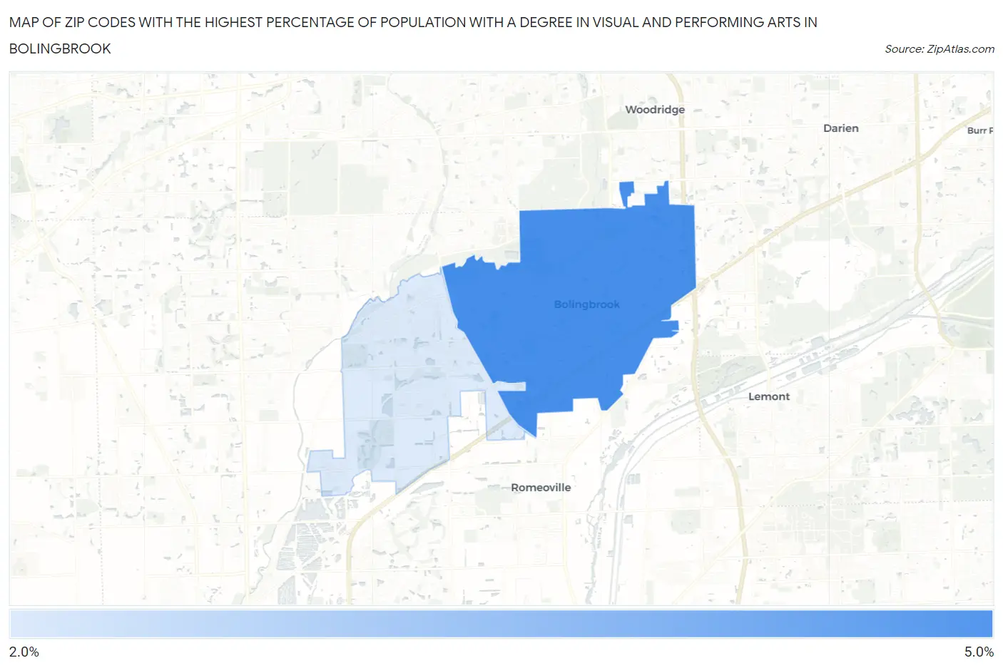 Zip Codes with the Highest Percentage of Population with a Degree in Visual and Performing Arts in Bolingbrook Map