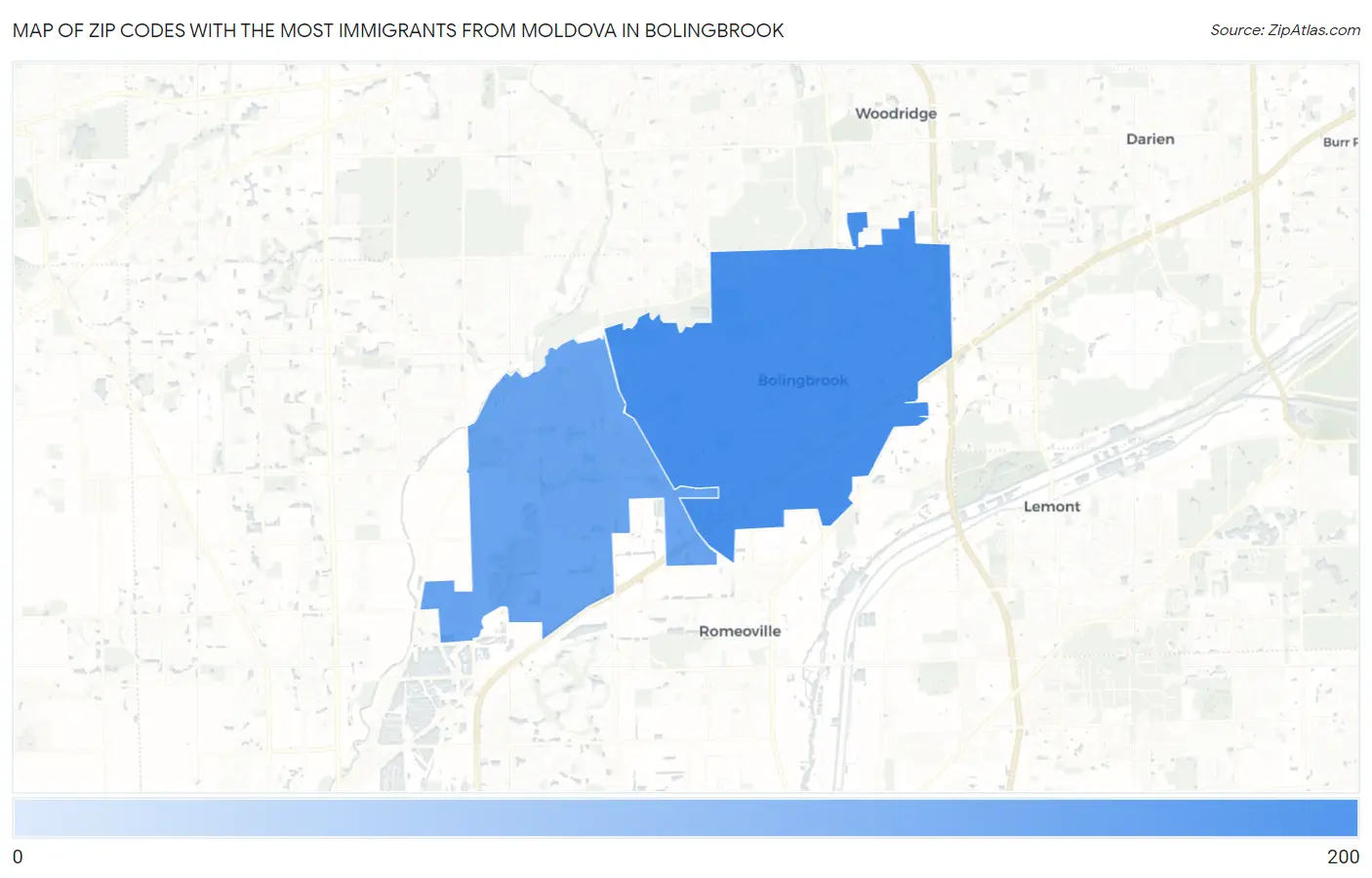 Zip Codes with the Most Immigrants from Moldova in Bolingbrook Map