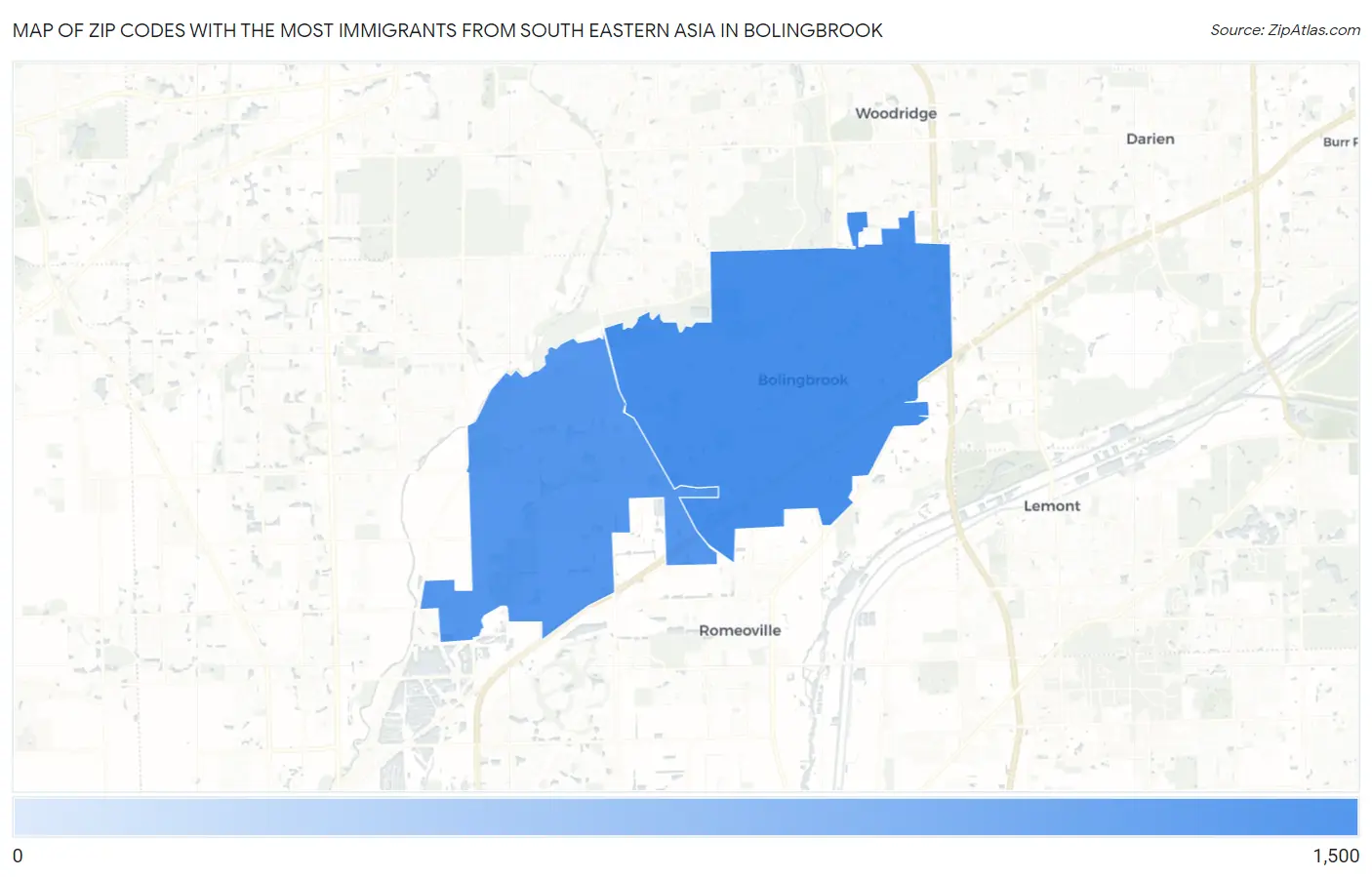 Zip Codes with the Most Immigrants from South Eastern Asia in Bolingbrook Map