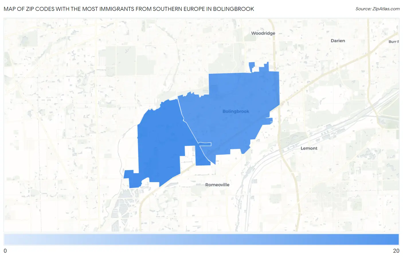 Zip Codes with the Most Immigrants from Southern Europe in Bolingbrook Map