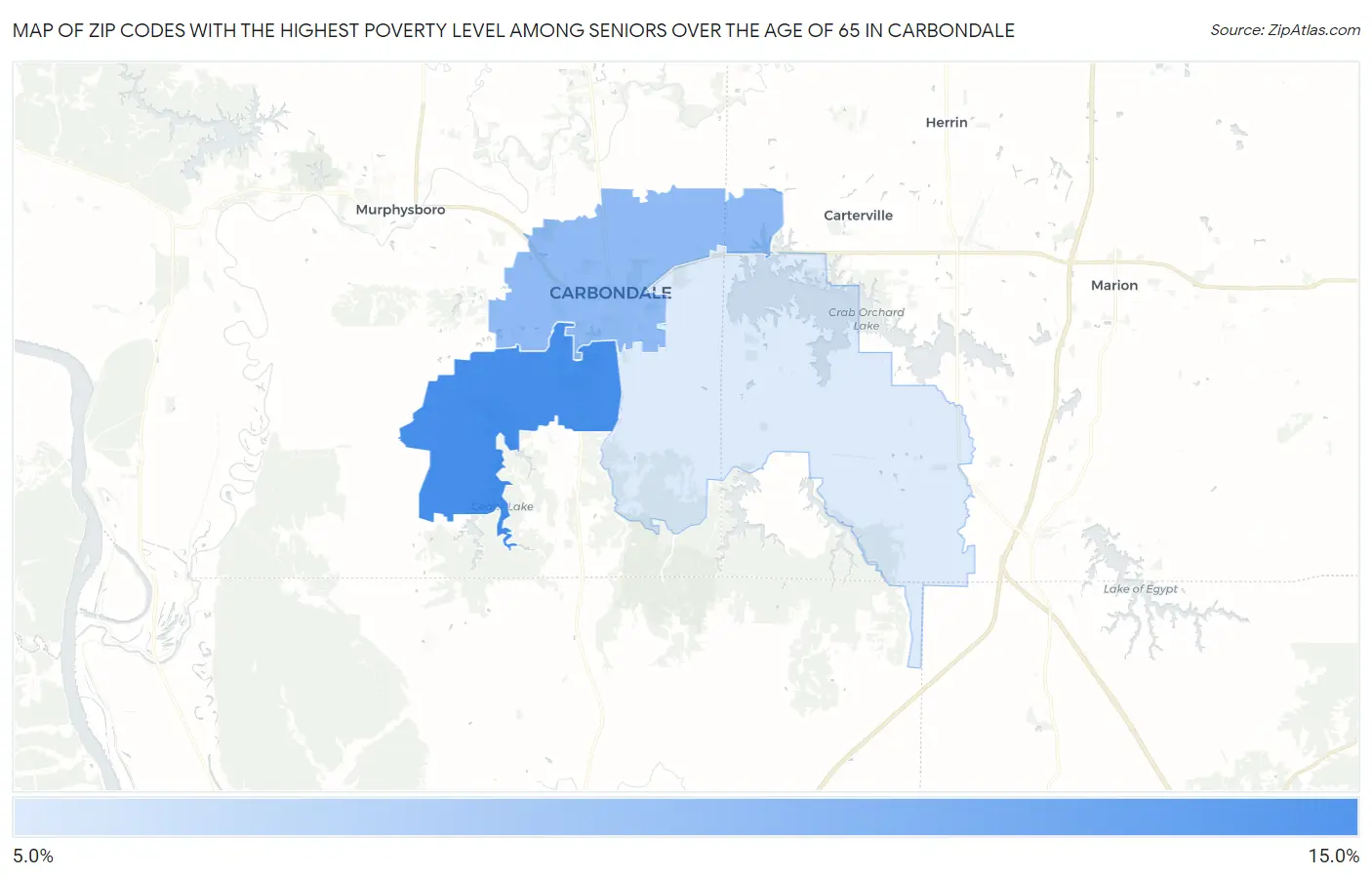 Zip Codes with the Highest Poverty Level Among Seniors Over the Age of 65 in Carbondale Map