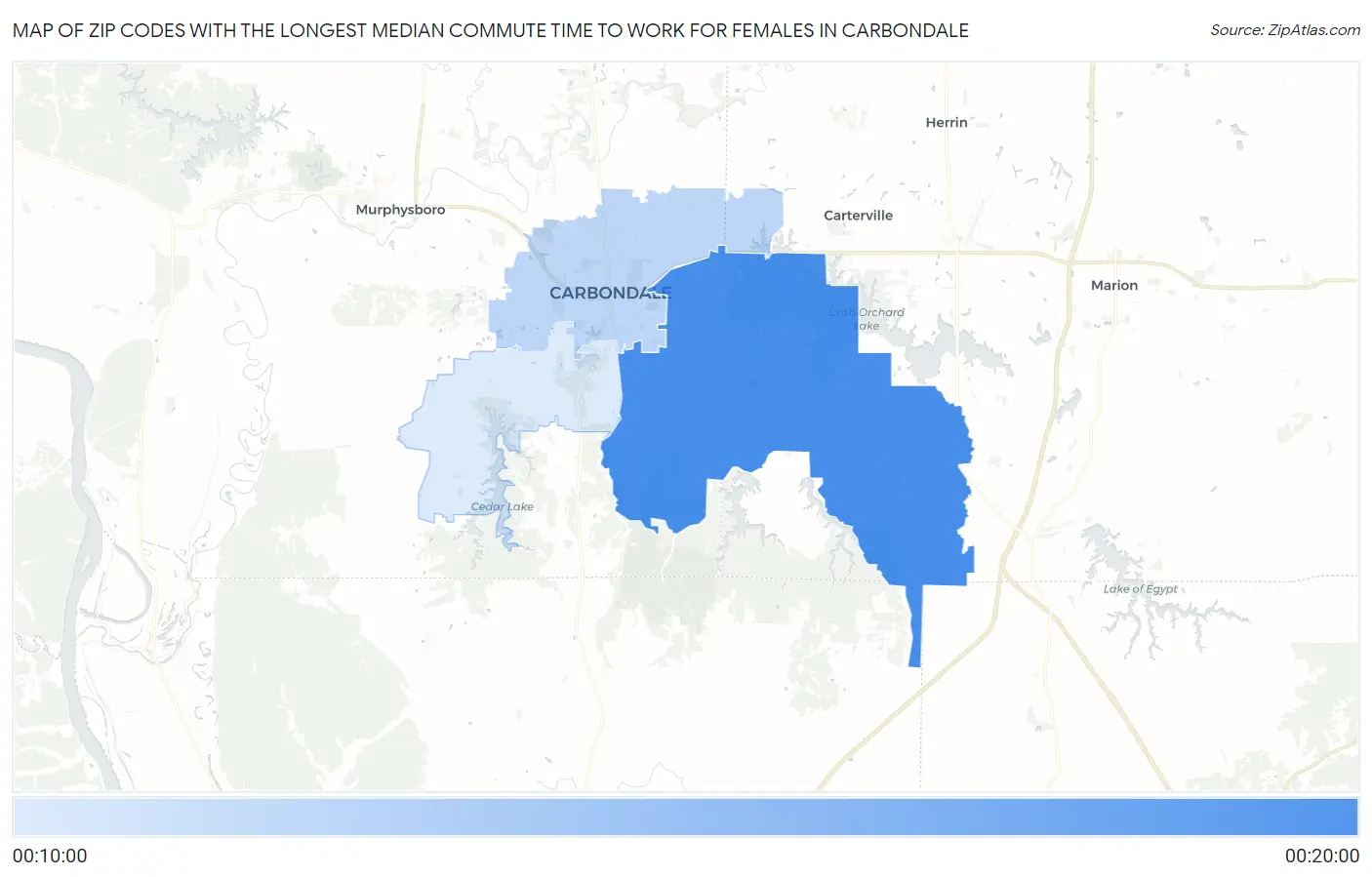 Zip Codes with the Longest Median Commute Time to Work for Females in Carbondale Map