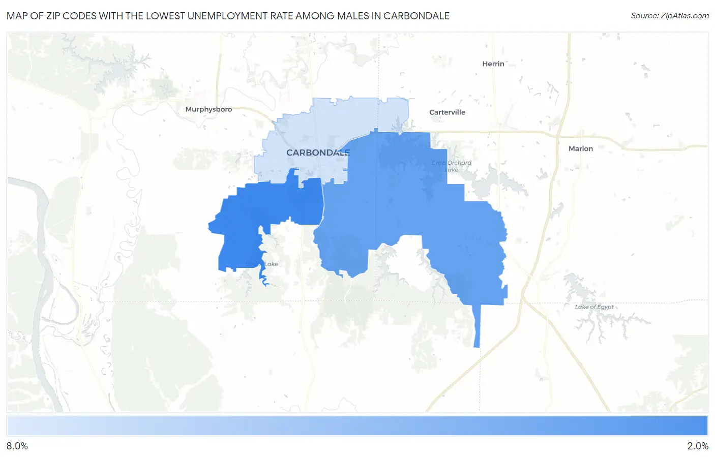 Zip Codes with the Lowest Unemployment Rate Among Males in Carbondale Map