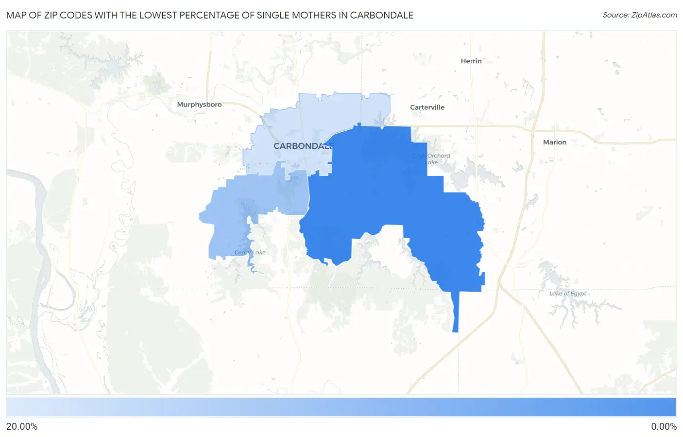 Zip Codes with the Lowest Percentage of Single Mothers in Carbondale Map