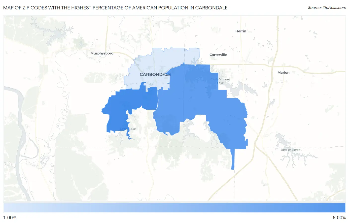 Zip Codes with the Highest Percentage of American Population in Carbondale Map