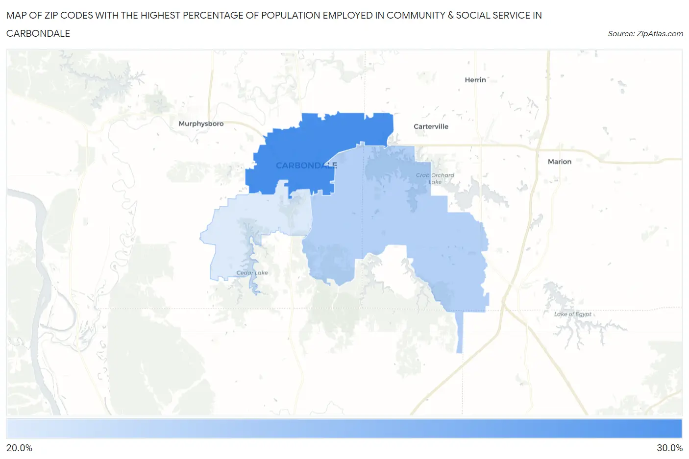 Zip Codes with the Highest Percentage of Population Employed in Community & Social Service  in Carbondale Map