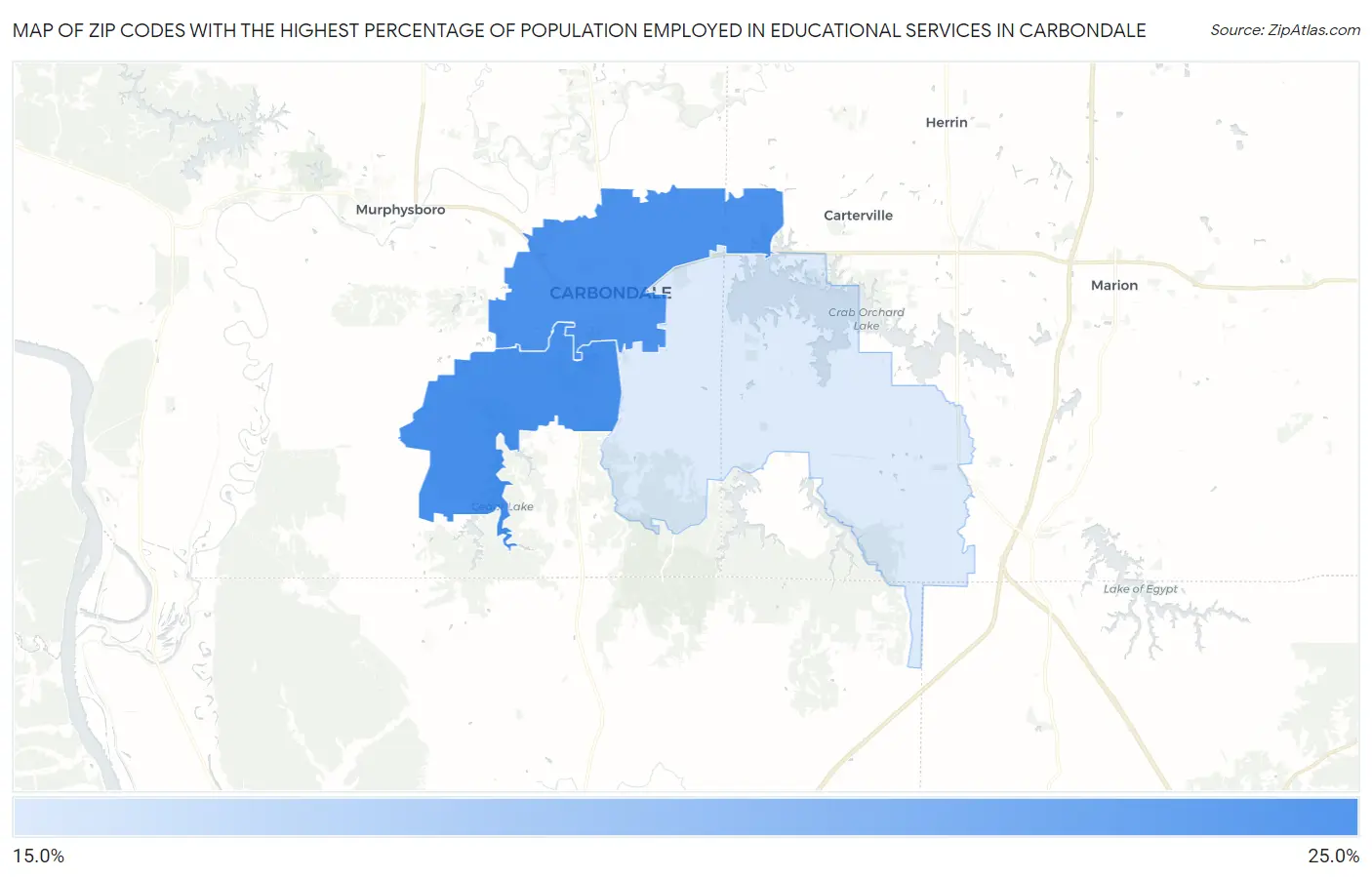 Zip Codes with the Highest Percentage of Population Employed in Educational Services in Carbondale Map