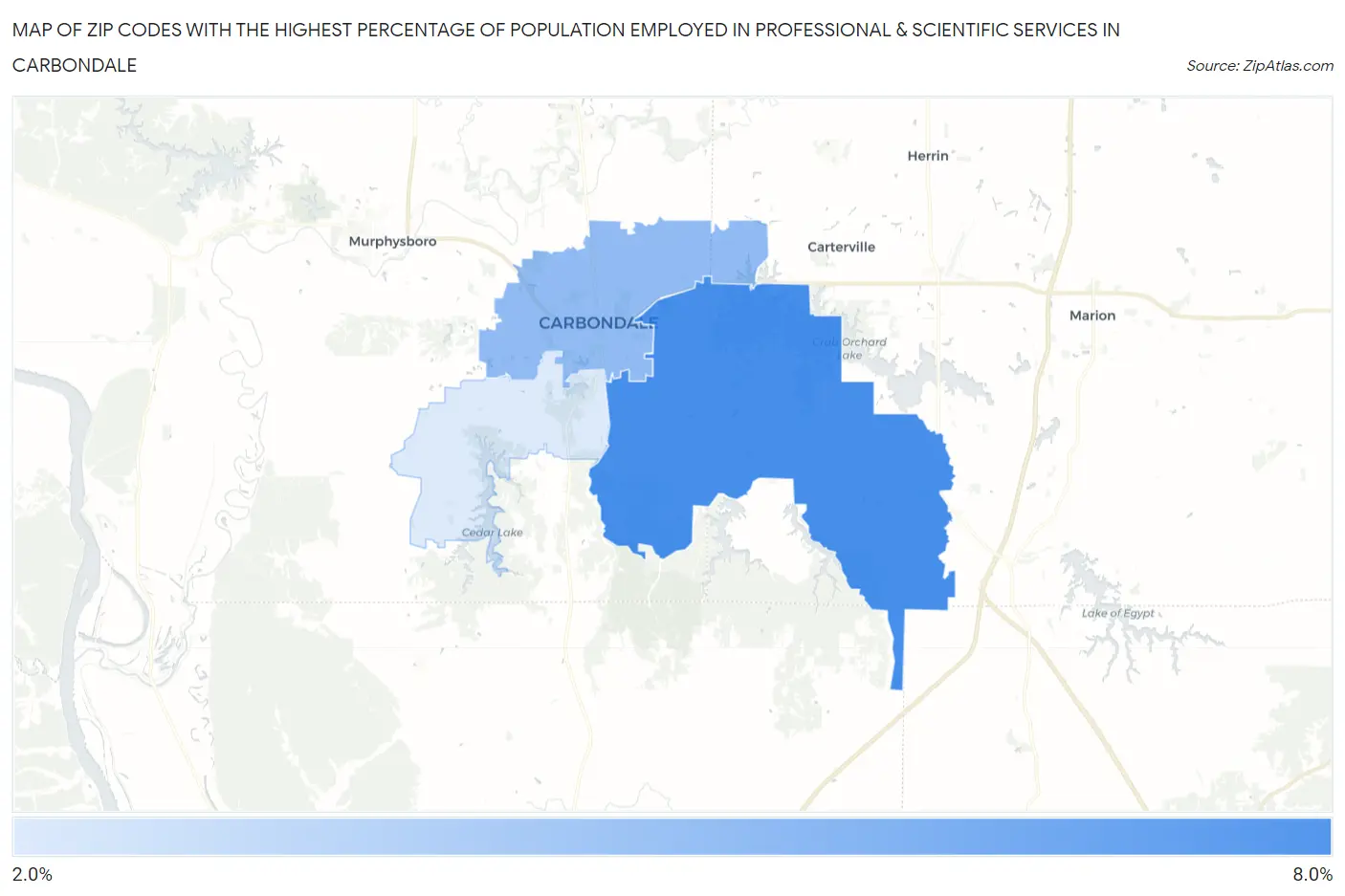 Zip Codes with the Highest Percentage of Population Employed in Professional & Scientific Services in Carbondale Map