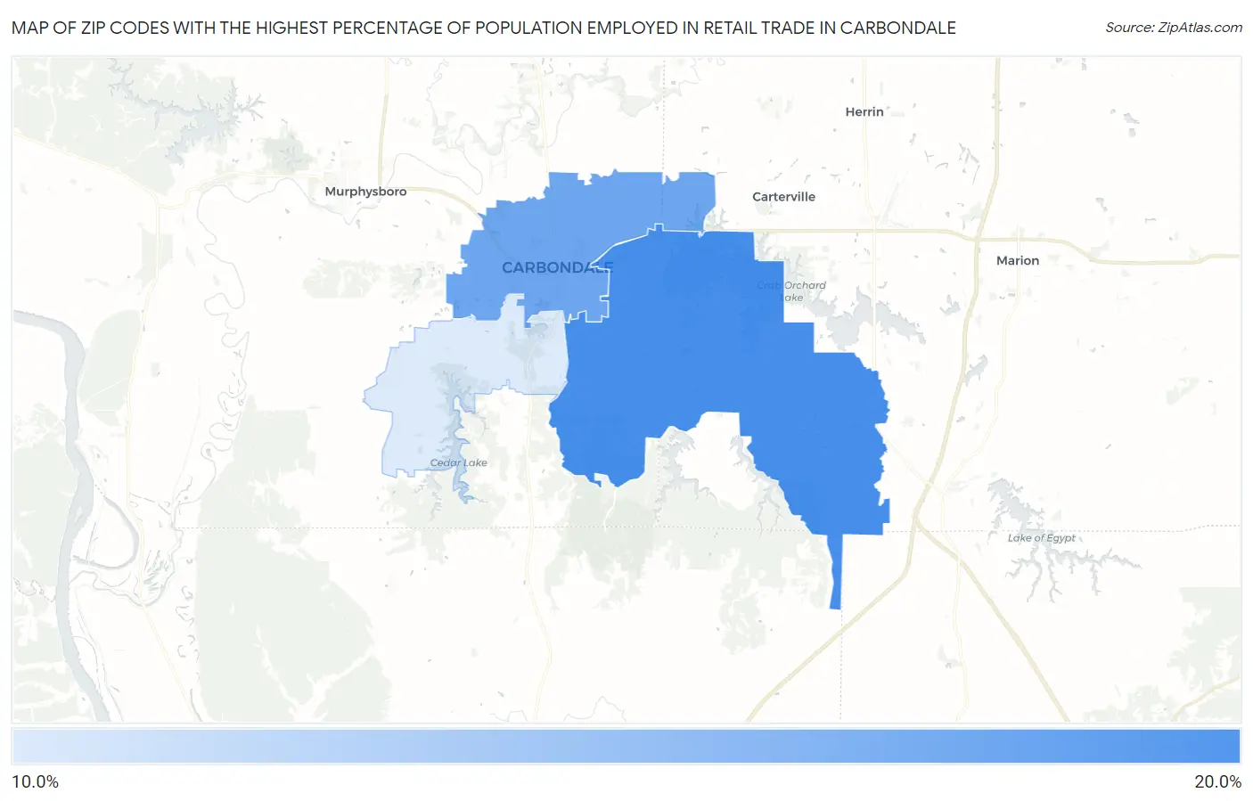Zip Codes with the Highest Percentage of Population Employed in Retail Trade in Carbondale Map