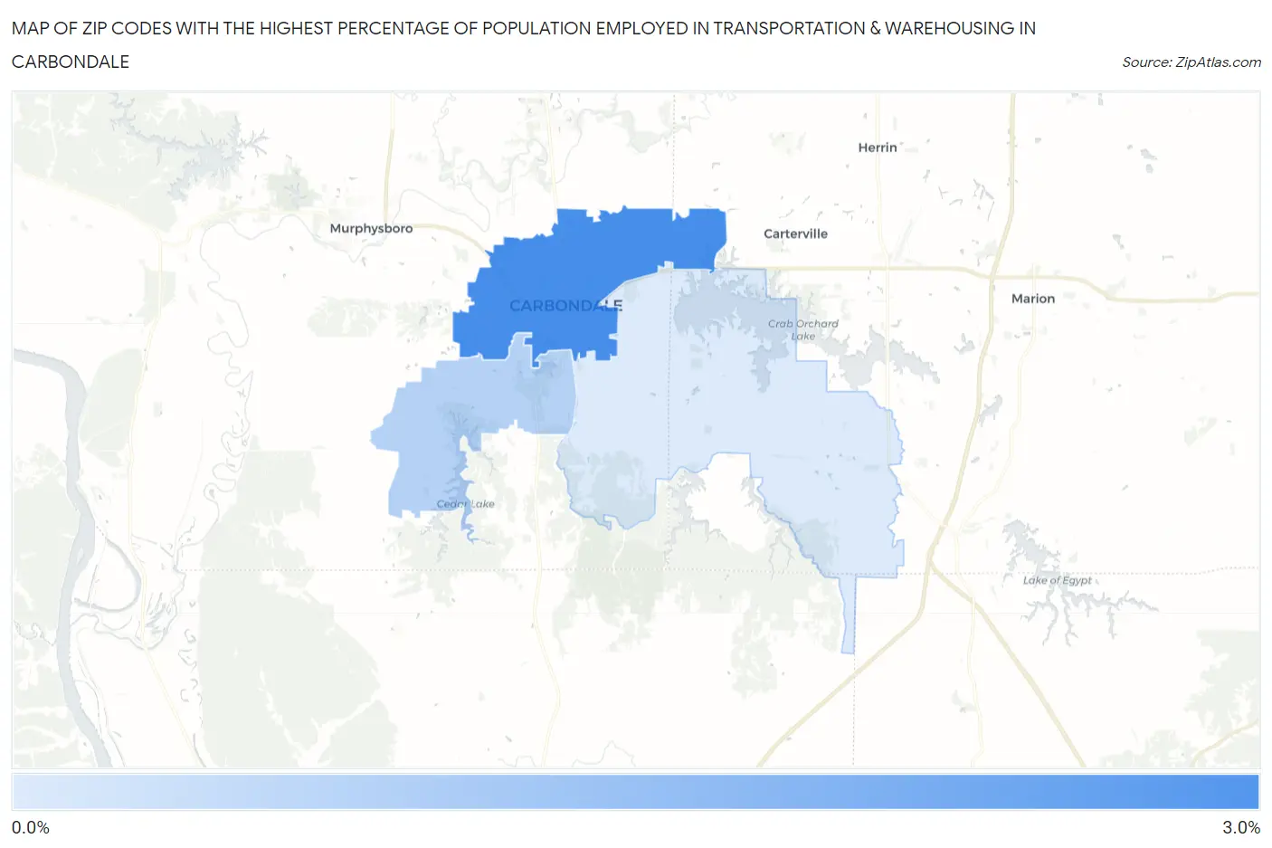 Zip Codes with the Highest Percentage of Population Employed in Transportation & Warehousing in Carbondale Map