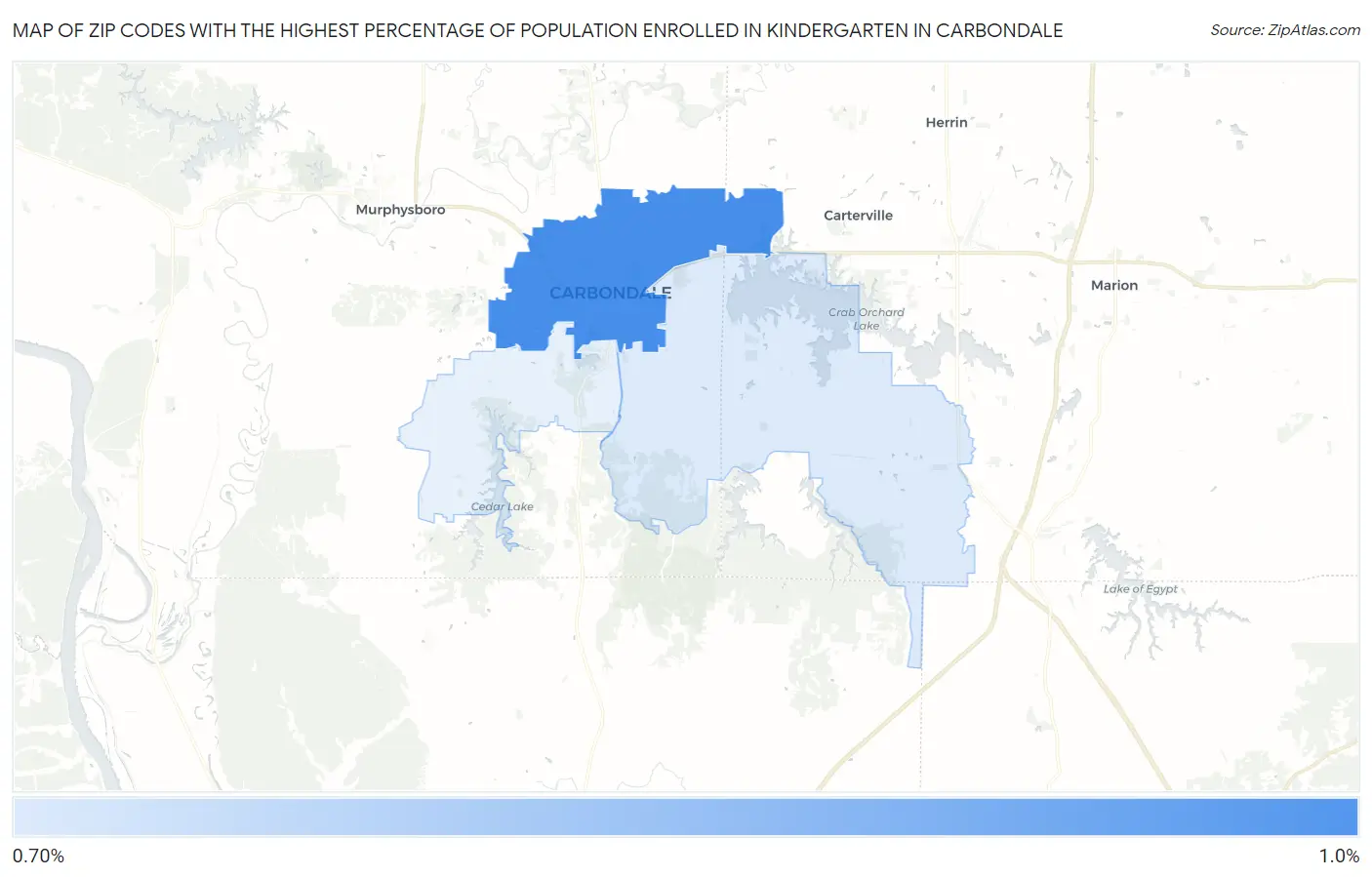 Zip Codes with the Highest Percentage of Population Enrolled in Kindergarten in Carbondale Map