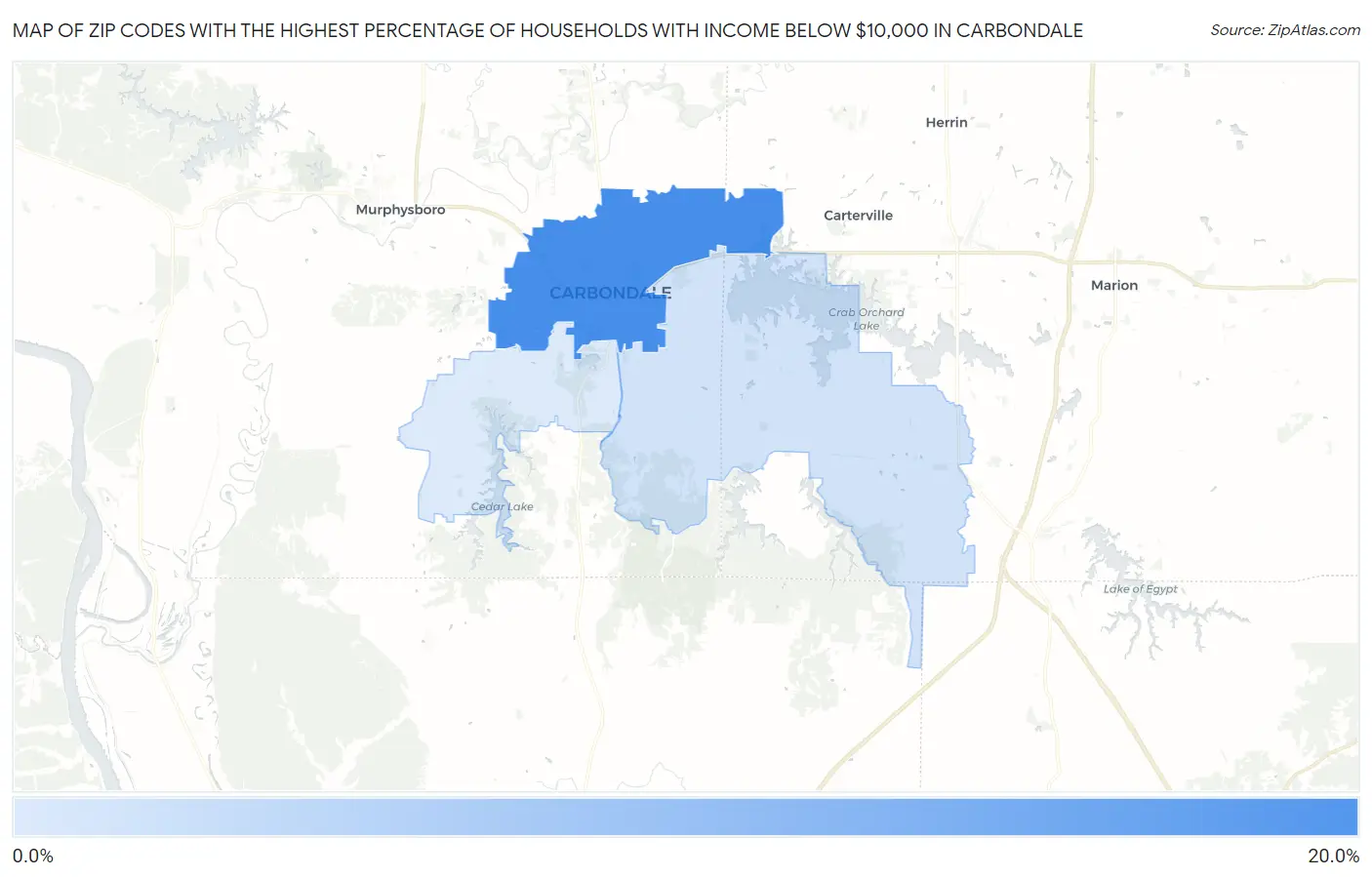 Zip Codes with the Highest Percentage of Households with Income Below $10,000 in Carbondale Map