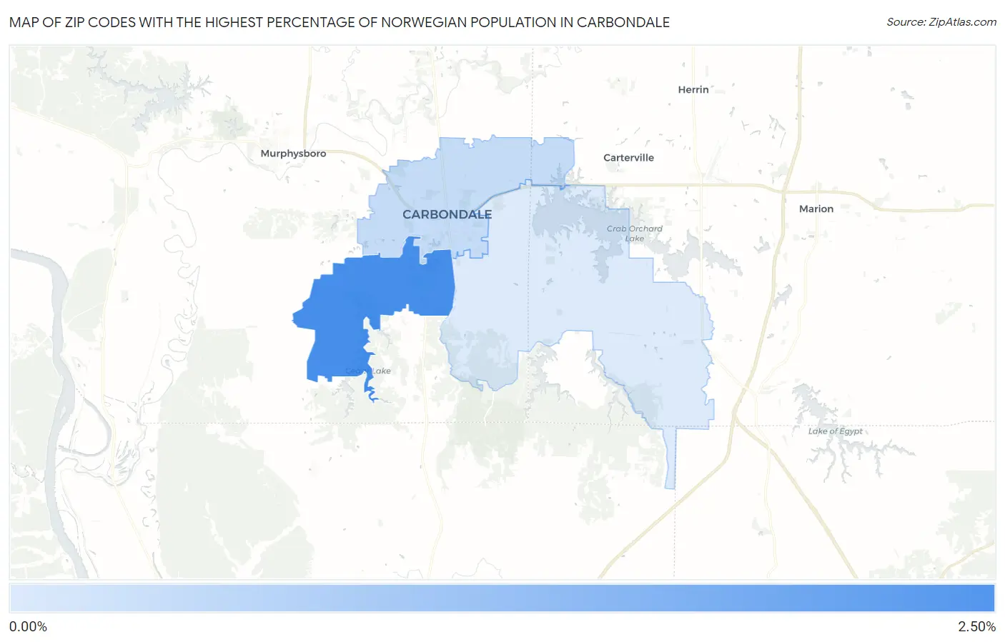 Zip Codes with the Highest Percentage of Norwegian Population in Carbondale Map