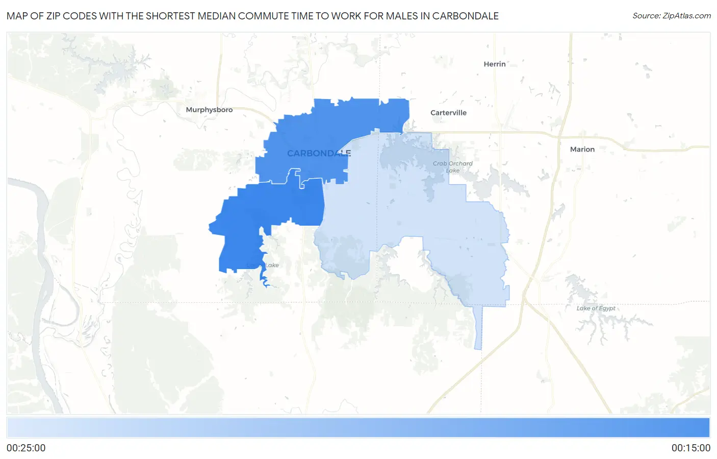 Zip Codes with the Shortest Median Commute Time to Work for Males in Carbondale Map