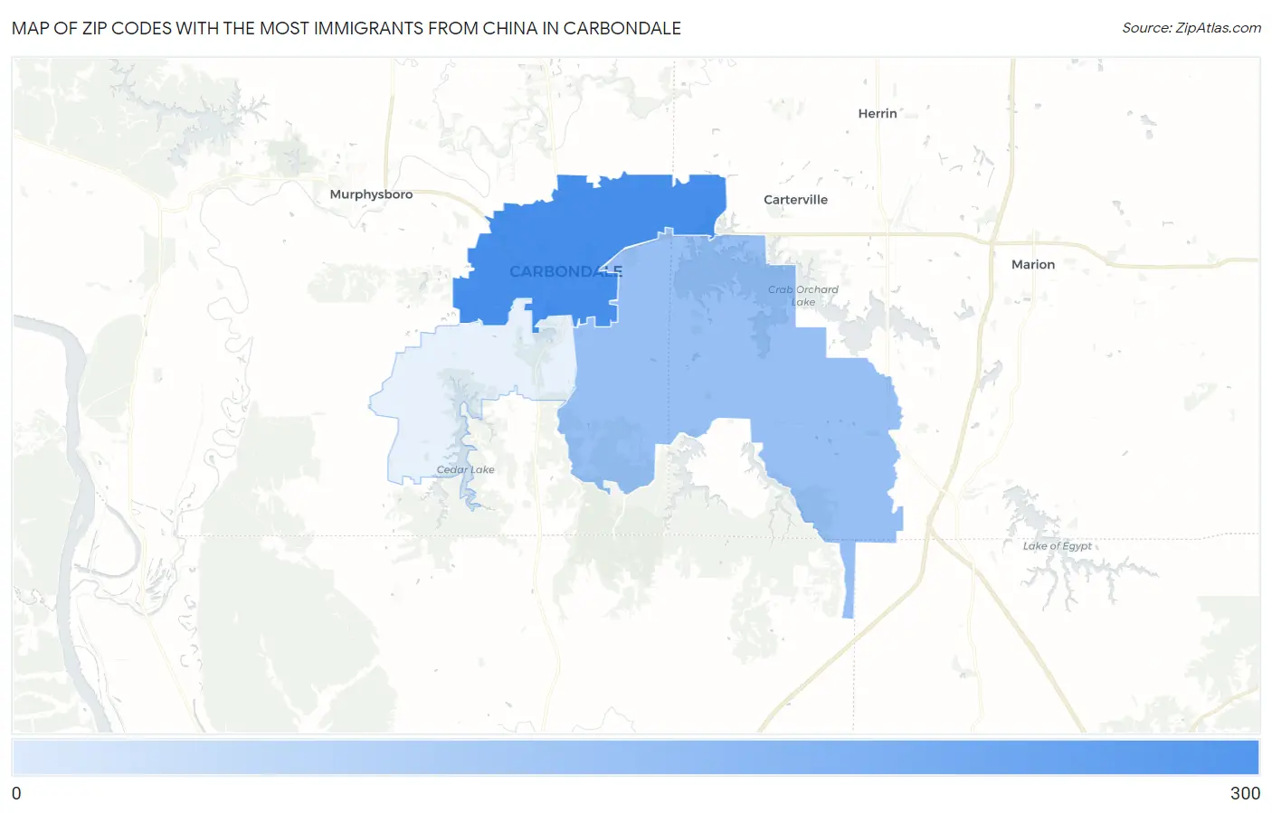 Zip Codes with the Most Immigrants from China in Carbondale Map