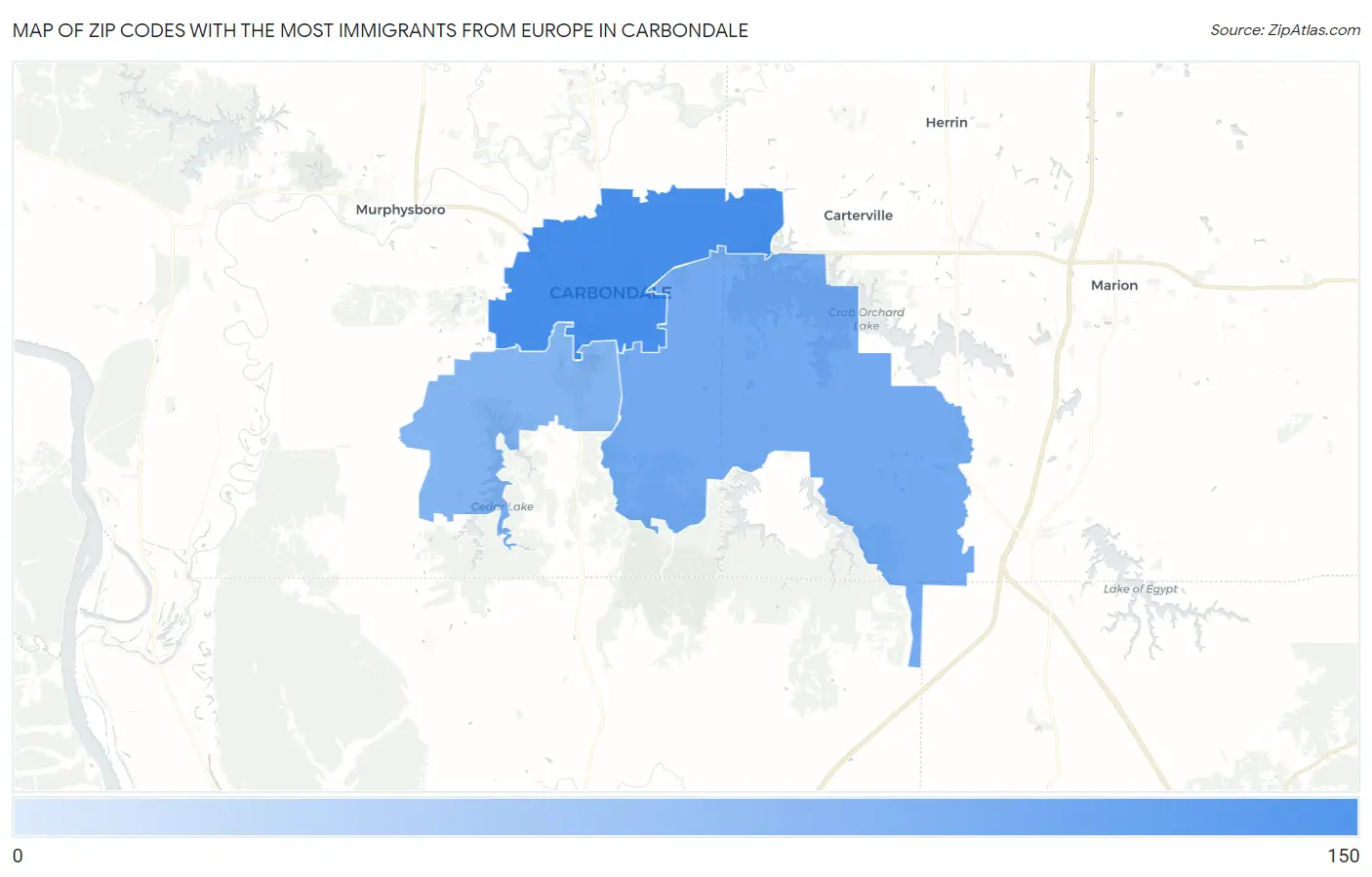 Zip Codes with the Most Immigrants from Europe in Carbondale Map