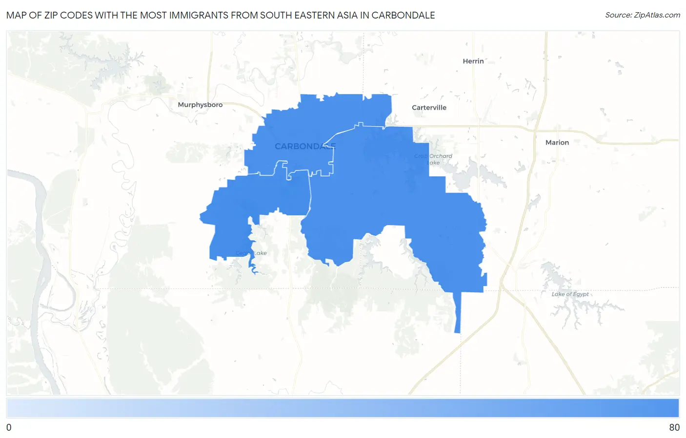 Zip Codes with the Most Immigrants from South Eastern Asia in Carbondale Map