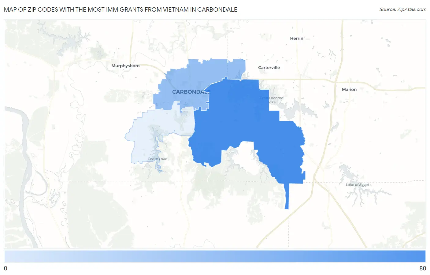 Zip Codes with the Most Immigrants from Vietnam in Carbondale Map