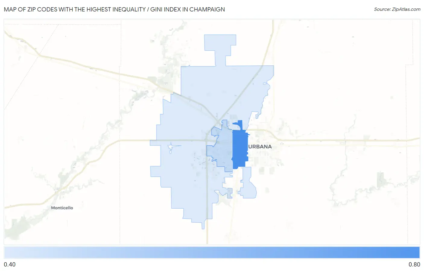Zip Codes with the Highest Inequality / Gini Index in Champaign Map
