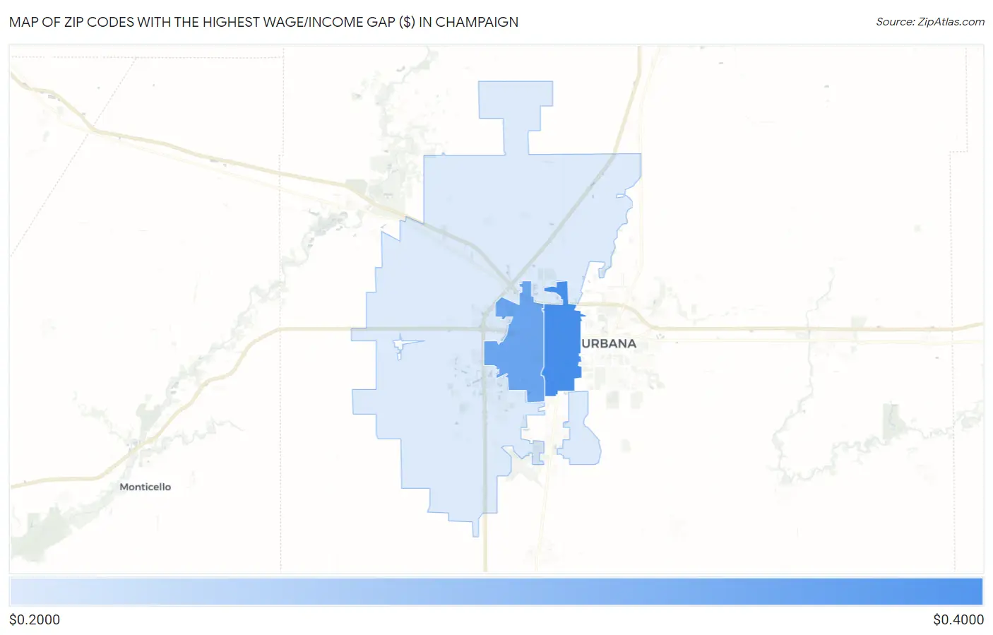 Zip Codes with the Highest Wage/Income Gap ($) in Champaign Map