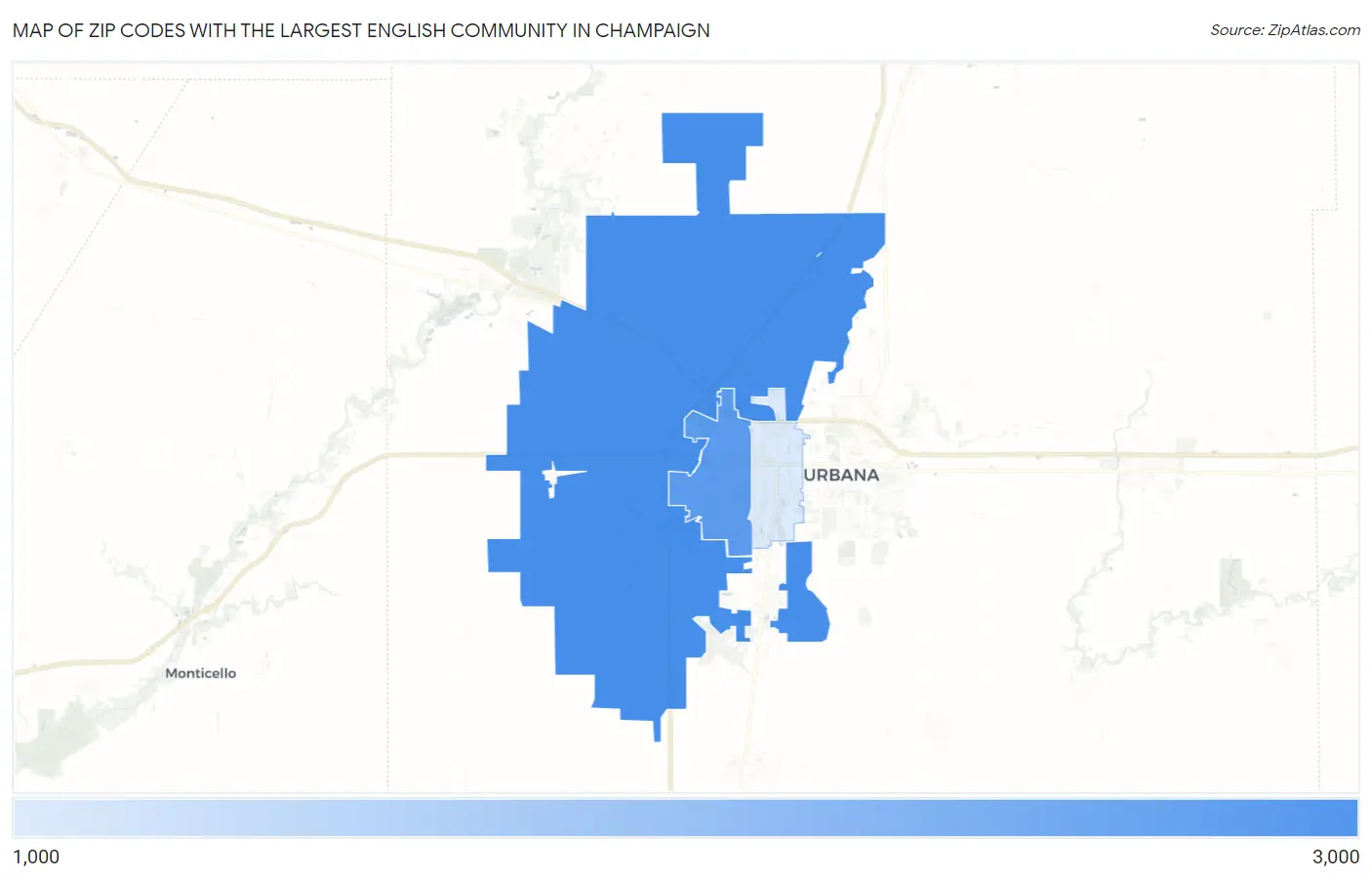 Zip Codes with the Largest English Community in Champaign Map